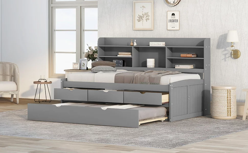 Twin Size Wooden Captain Bed with Built-in Bookshelves,Three Storage Drawers and Trundle,Light Grey