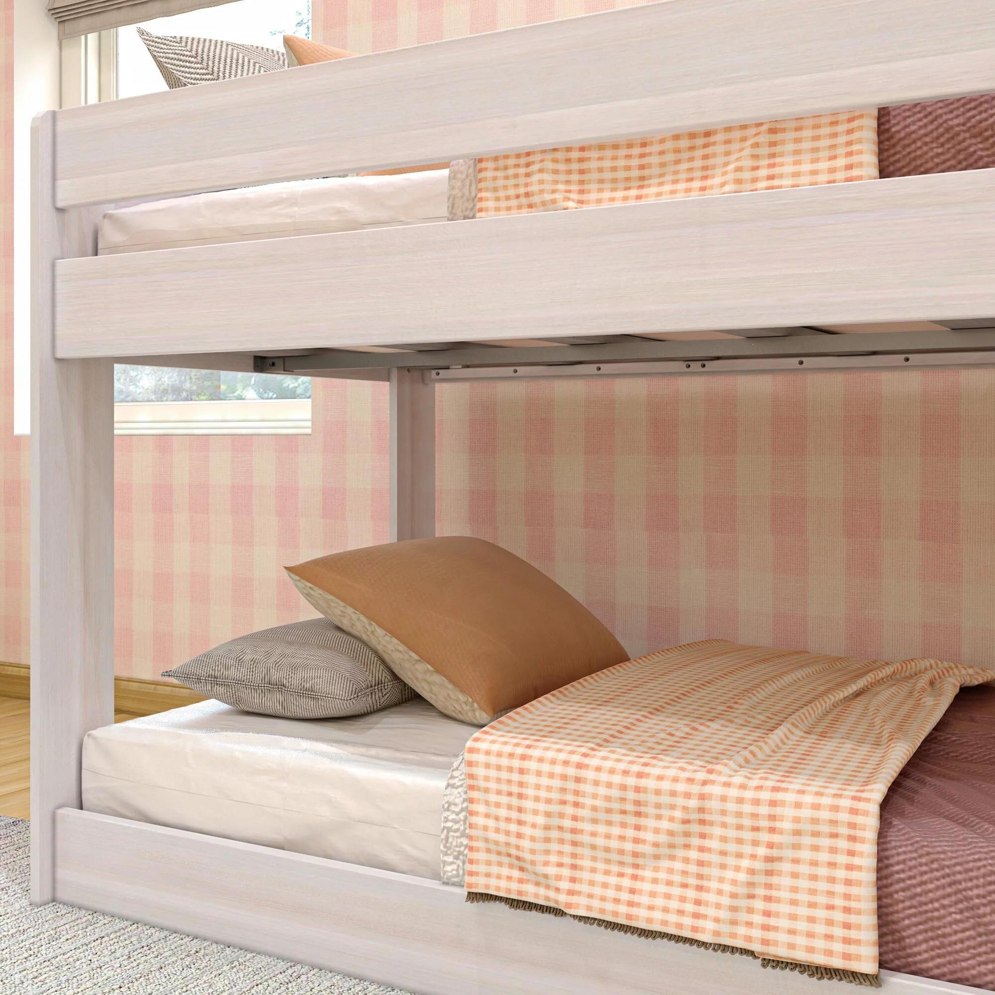 Max & Lily Twin Over Twin Low Bunk Bed, Modern Farmhouse Wooden Bunk Beds for Kids, White Wash