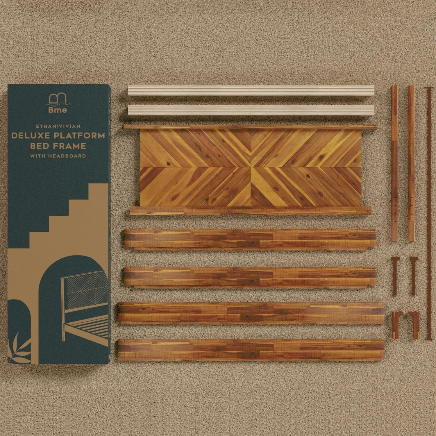 Bme King Size | Vivian 79x82x14in Deluxe Bed Frame with Headboard, Rustic Style, Solid Acacia Wood