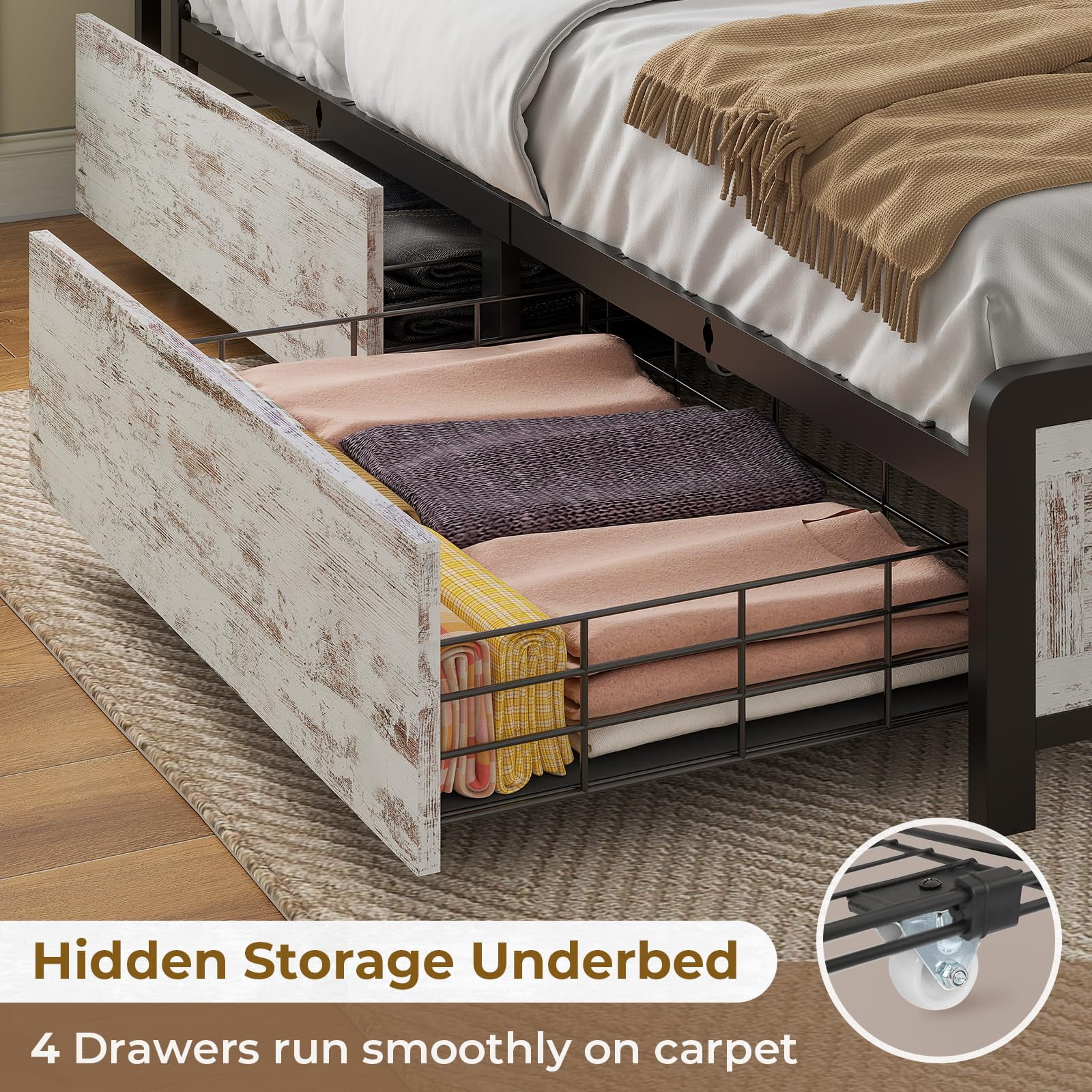 Queen LED Bed Frame with Charging Station and 4 Drawers, Metal Platform Bed Frame with Hidden Storage Headboard, No Box Spring Needed, Old White