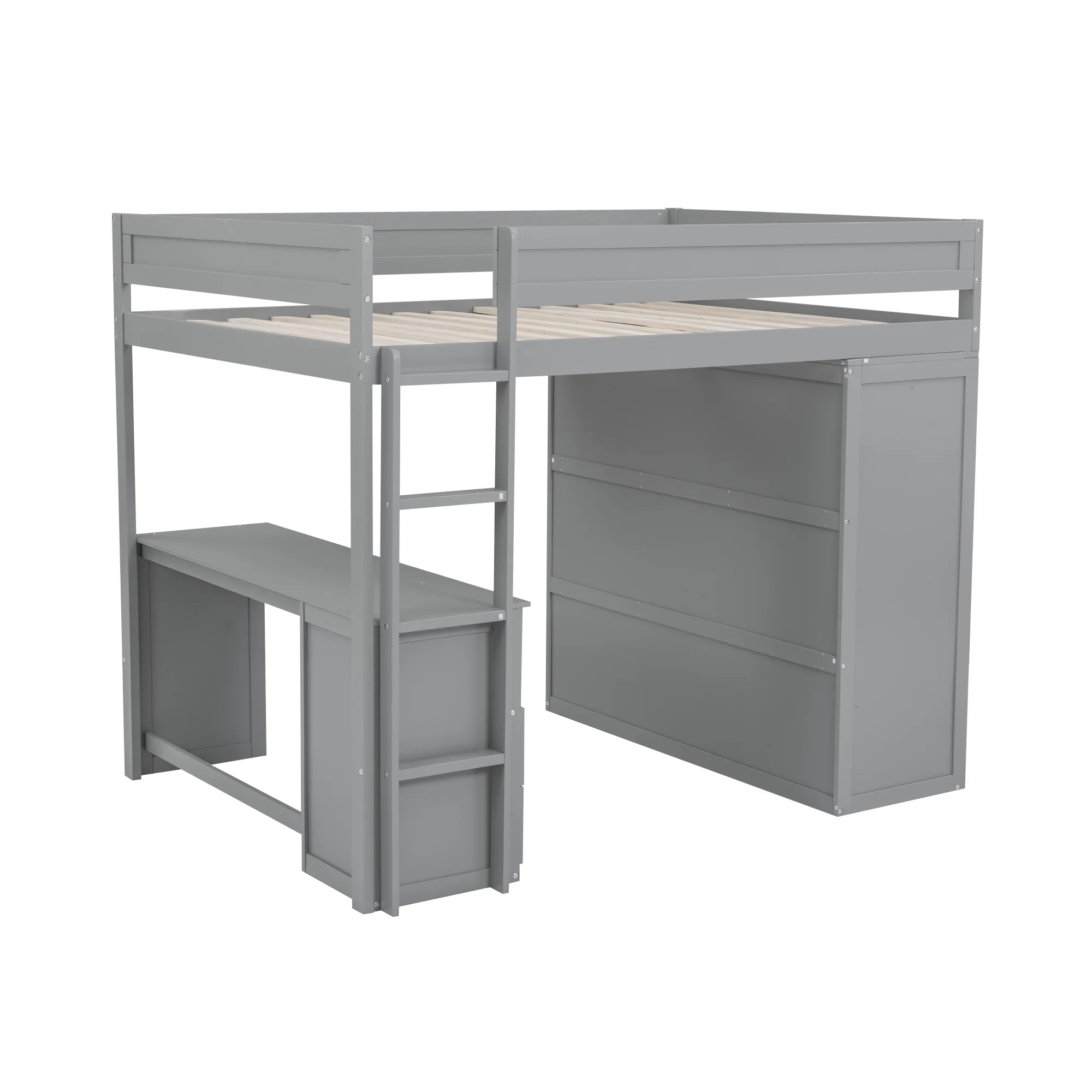 EUROCO Wood Full Size Loft Bed, Storage Desk and Drawers, Wardrobe with Clothes Hanger and Sliding Door for Living Room, Gray