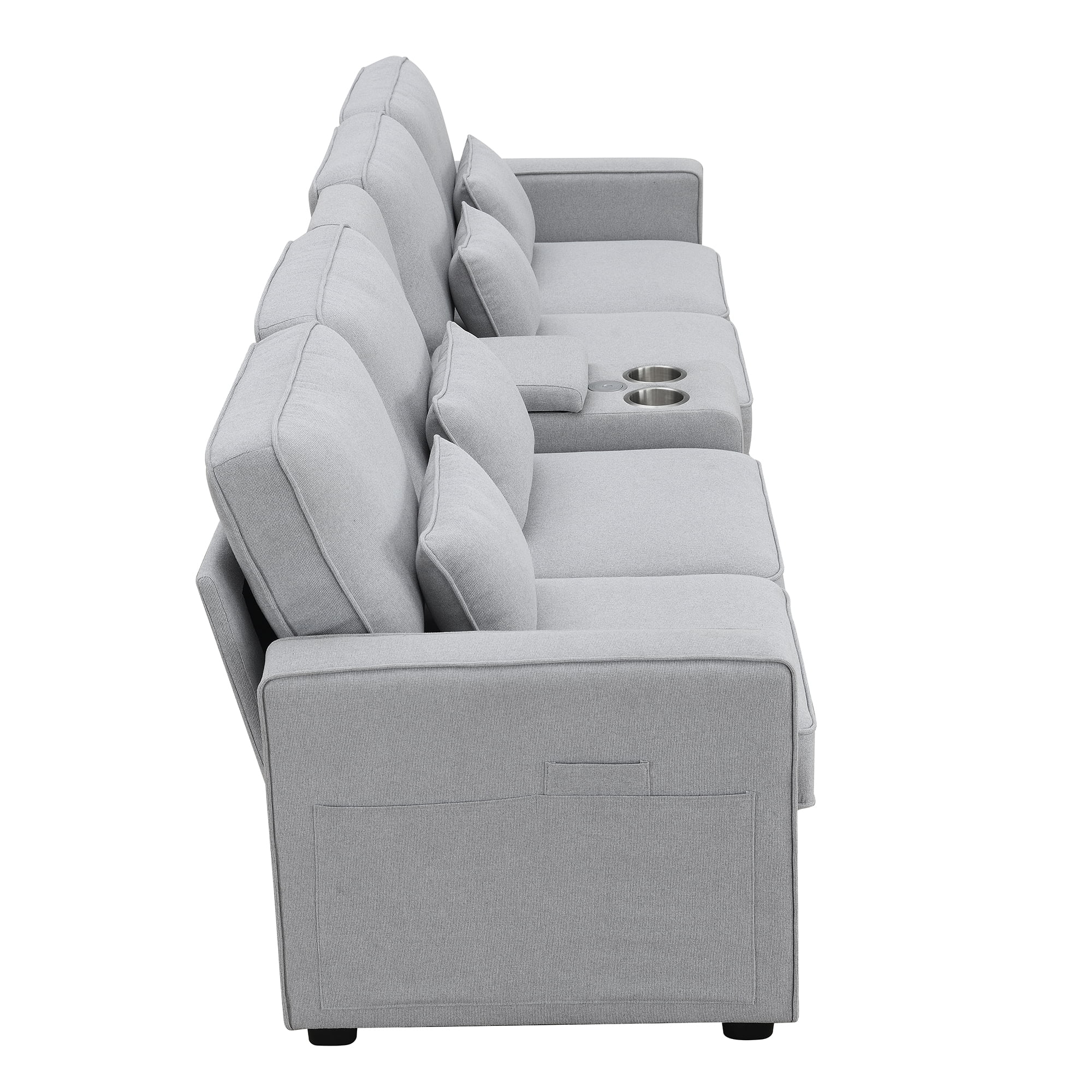 Modern 4 Seater Large Sofa with Console, Linen Fabric Upholstered Couch with USB Charging Ports Cup Holders for Living Room Office