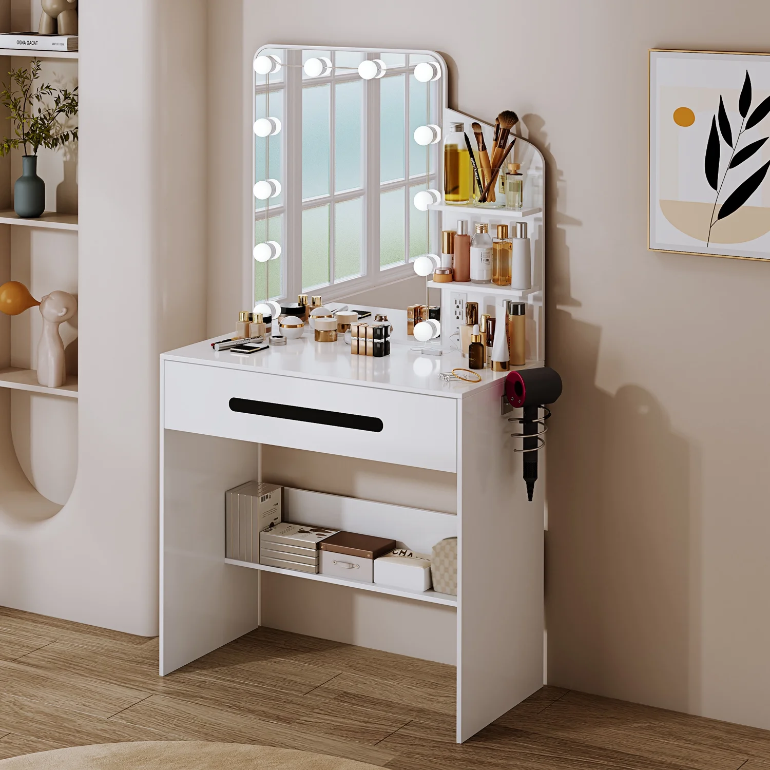 Modern Vanity Desk with Lighted Mirror, Desk Makeup Dressing Table with Power Strip, 12 LED Lights, 1 Large Drawers, Writing Desk with 3-Sectio Storage Shelves for Bedroom