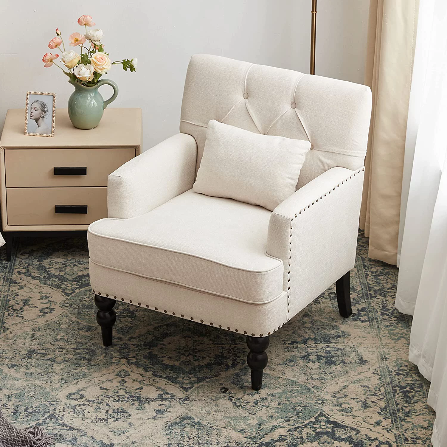 HUIMO Arm Chair with Ottoman,Upholstered Button Tufted Accent Chair,Linen Fabric Sofa Reading Chairs for Living Room, for Bedroom(Beige)