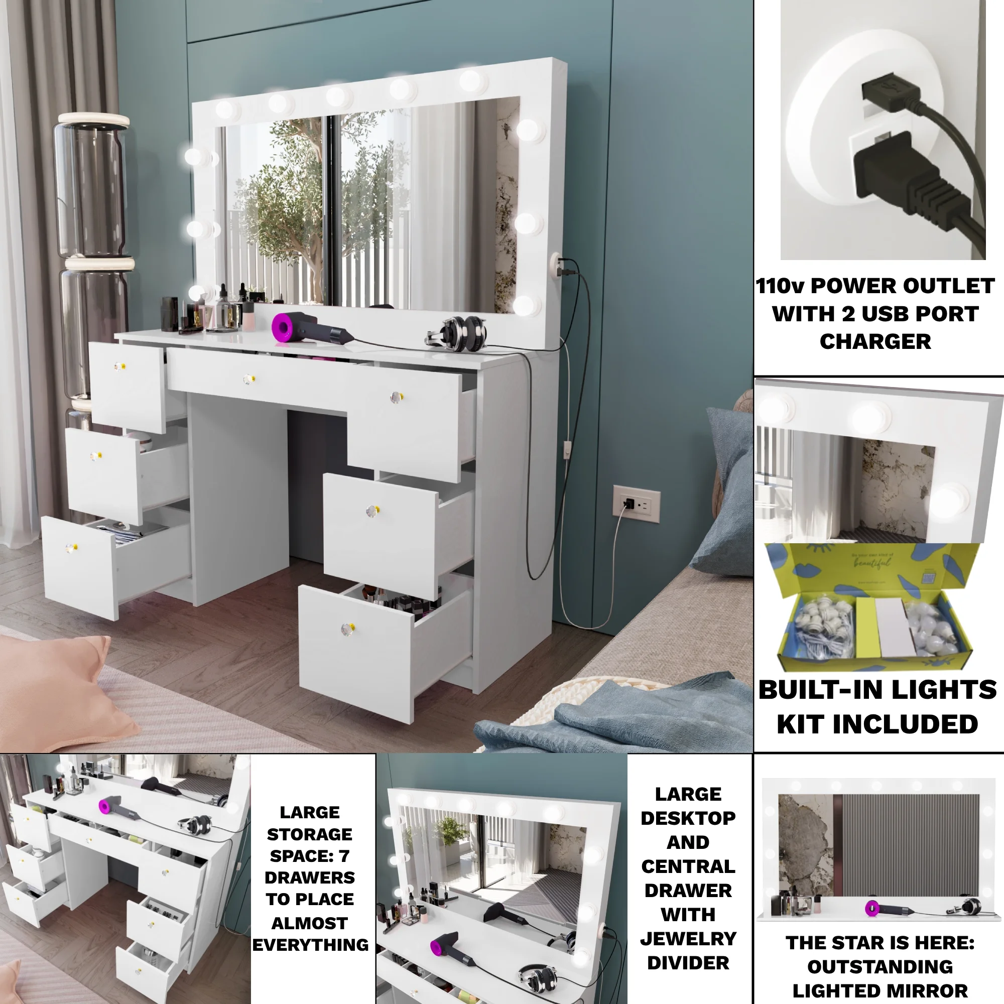 Boahaus Freya Modern Makeup Vanity with Lights, White Vanity Table for Bedroom