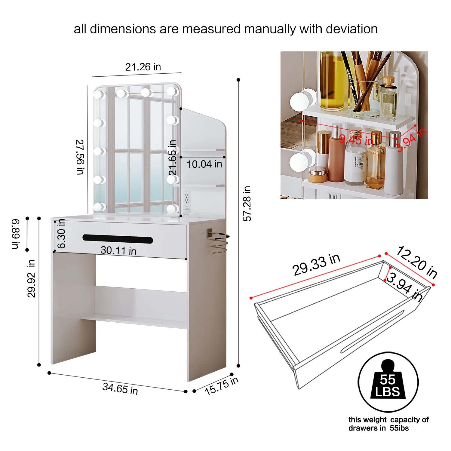 Modern Vanity Desk with Lighted Mirror, Desk Makeup Dressing Table with Power Strip, 12 LED Lights, 1 Large Drawers, Writing Desk with 3-Sectio Storage Shelves for Bedroom