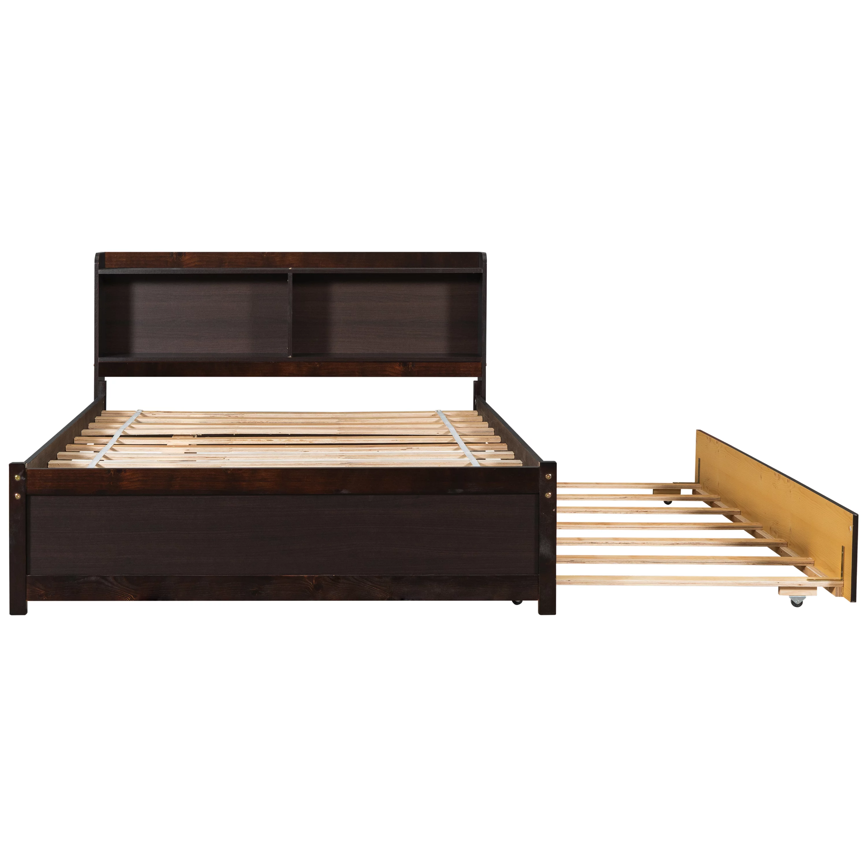 uhomepro Full Bed Frame with Bookcase Headboard and Trundle, Upgrade Pine Wood Platform Bed Frame for Kids, Modern Kids Bed Furniture for Bedroom, No Box Spring Needed, Espresso