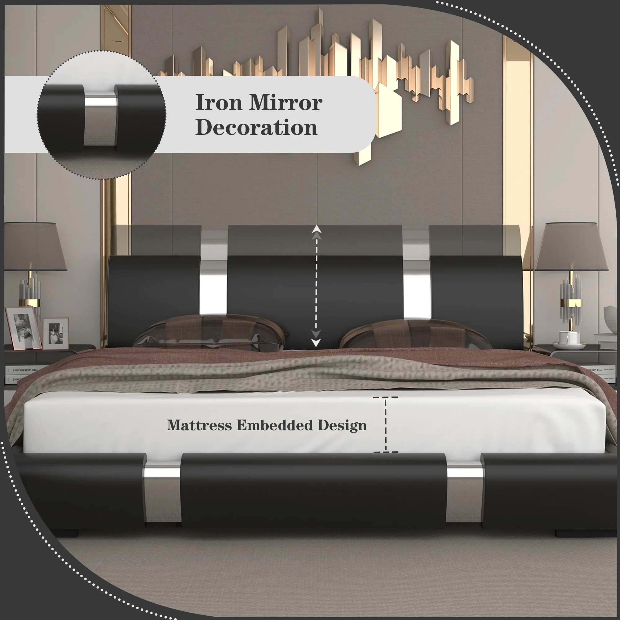 Kallabe Full Size Modern Bed Frame with Led Light,Iron Pieces Decor and Faux Leather Headboard, Black