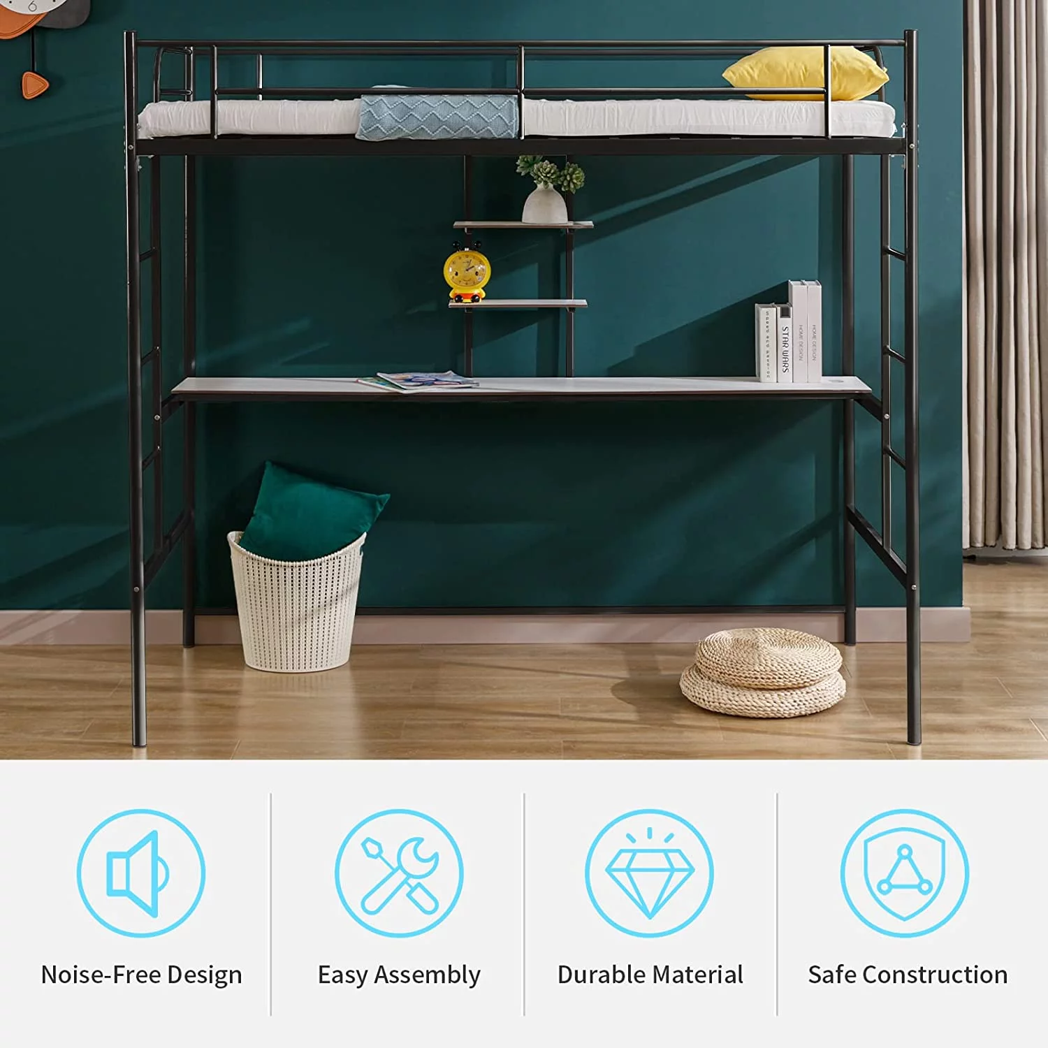 Cuoote Twin Size Metal Loft Bed with Desk, 2 Storage Shelves, Safety Ladder, and Guard Rail, Space-Saving Design, No Box Spring Needed, Black