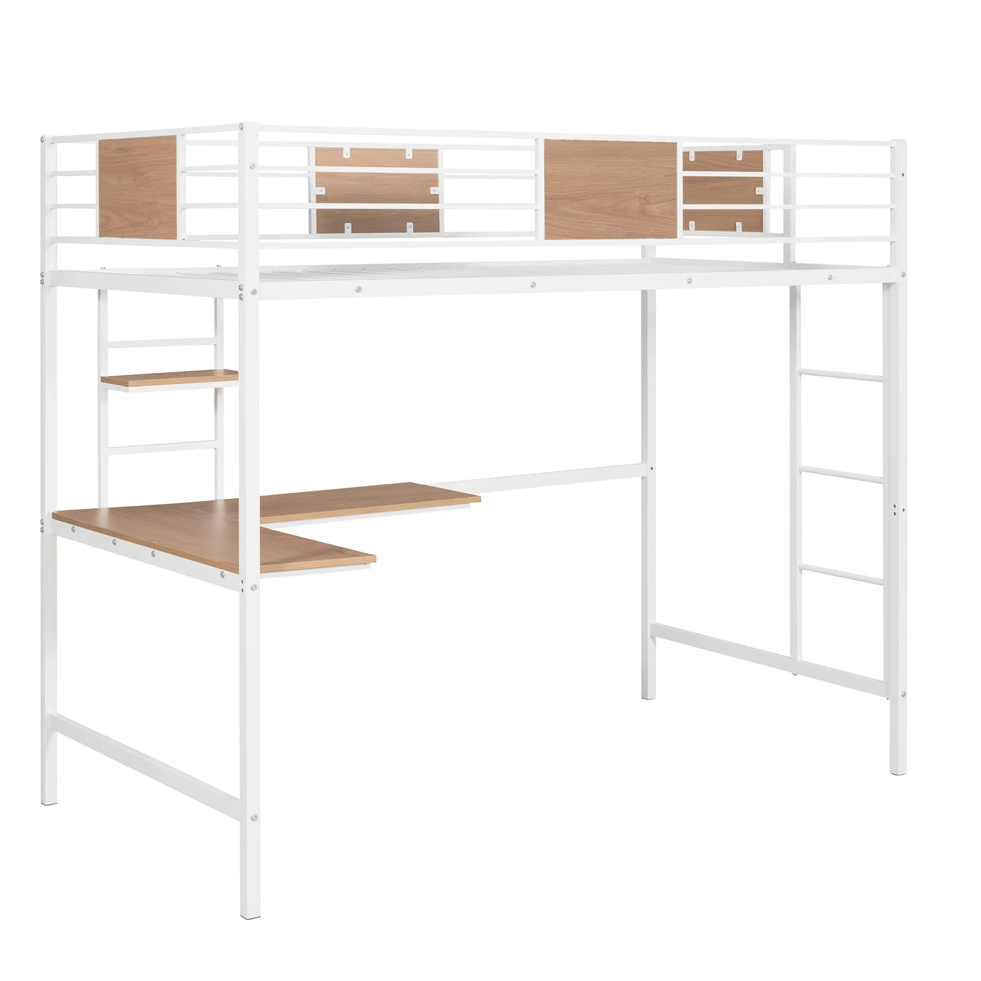Bellemave Twin Metal Loft Bed with L-Shape Desk and Shelve,Sturdy Metal Loft Bed Frame with Guardrail for Kids,Teens,White