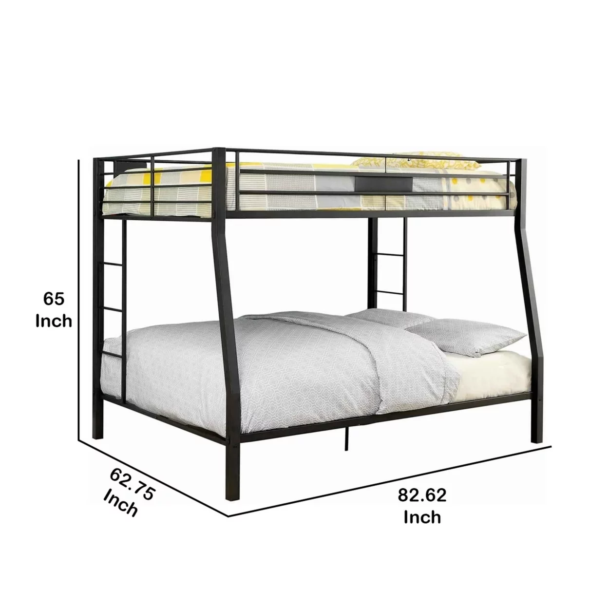 Horizontal Slatted Metal Full Over Queen Bunk Bed with 2 Ladders, Black- Saltoro Sherpi