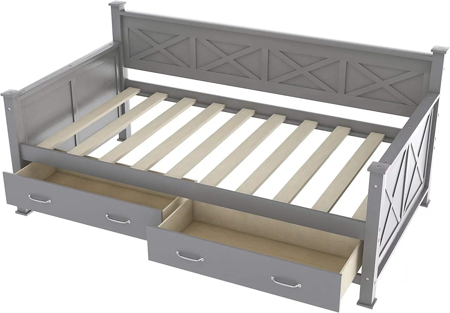 Size Daybed With Two Storage Drawers, Wood Multifuctioal Sofa Bed X-Shaped Frame, Moder Daybed With Slat Support For Bedroom Livig Room, Grey