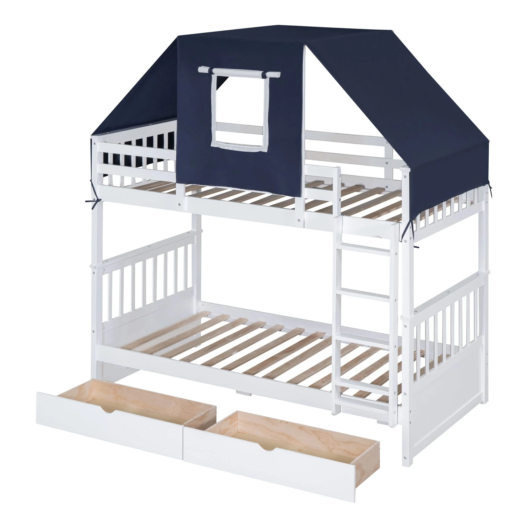 Twin Over Twin Bunk Bed with Tent and Drawers for Boys/Girls/Teens Bedroom, Wood Bed Frame with Safety Guardrail, No Box Spring Needed with Roof, Window