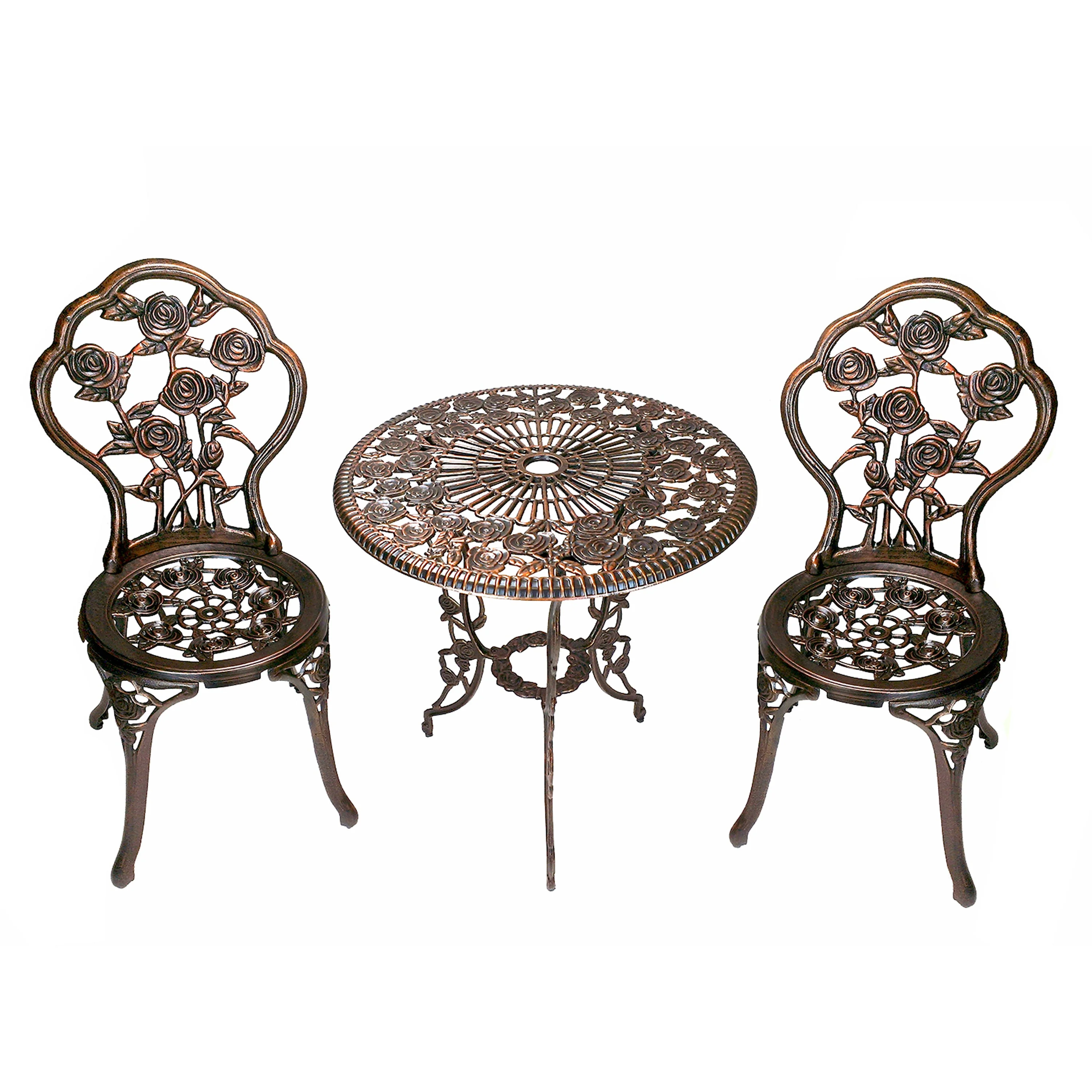 Cast Aluminum Metal Antique Bronze 3 Piece Patio Rose Bistro Set