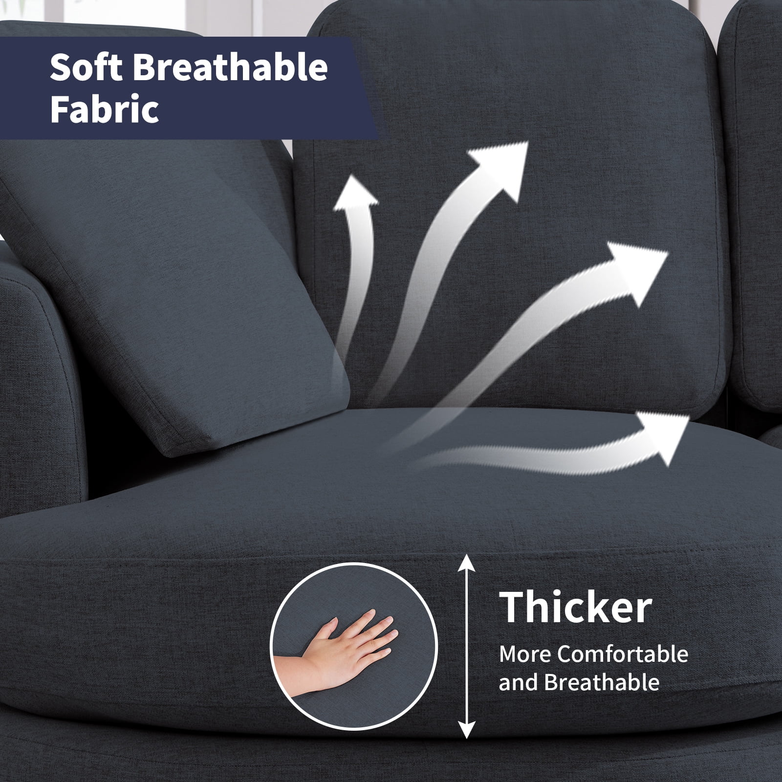 ZAFLY 3 Seater Sofa Couch, L Shaped Couch with Chaise, Curved Couches for Living Room - Dark Grey