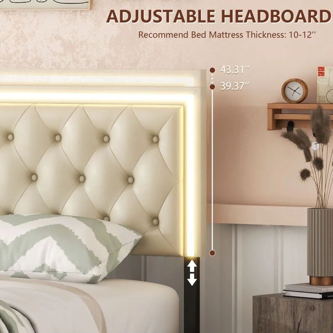 PU Leather Queen Bed Frame with 4 Storage Drawers and LED Headboard Beige