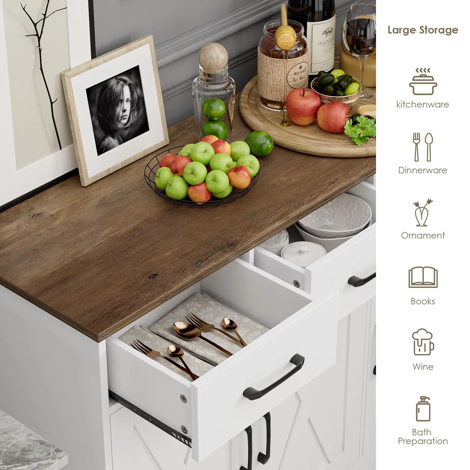 Homfa 42.5‘’ Kitchen Buffet Sideboard Cabinet, 3 Drawers Farmhouse Coffee Bar Storage Cabinet with Adjustable Shelf, White