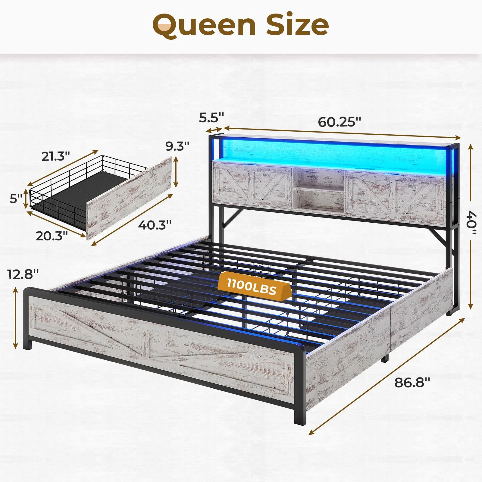 Queen LED Bed Frame with Charging Station and 4 Drawers, Metal Platform Bed Frame with Hidden Storage Headboard, No Box Spring Needed, Old White
