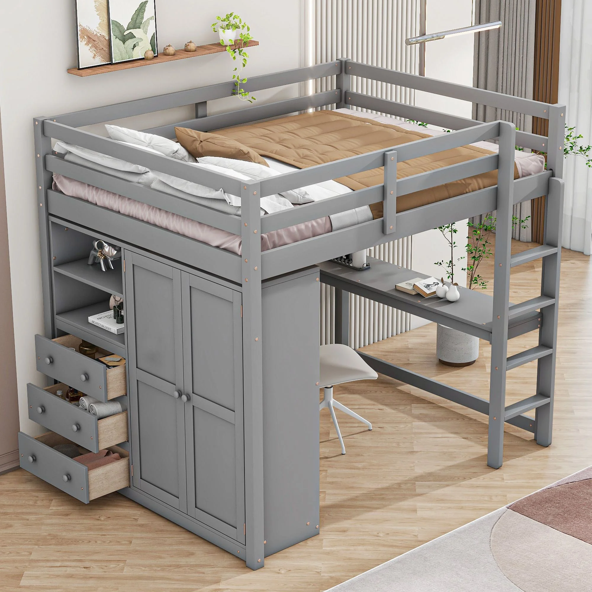 Full Size Loft Bed with Built-in Wardrobe, Desk, Storage Shelves and Drawers, Wooden Loft Beds Frame with Large Space, Wood High Loft Beds with Ladder(Gray, Full)