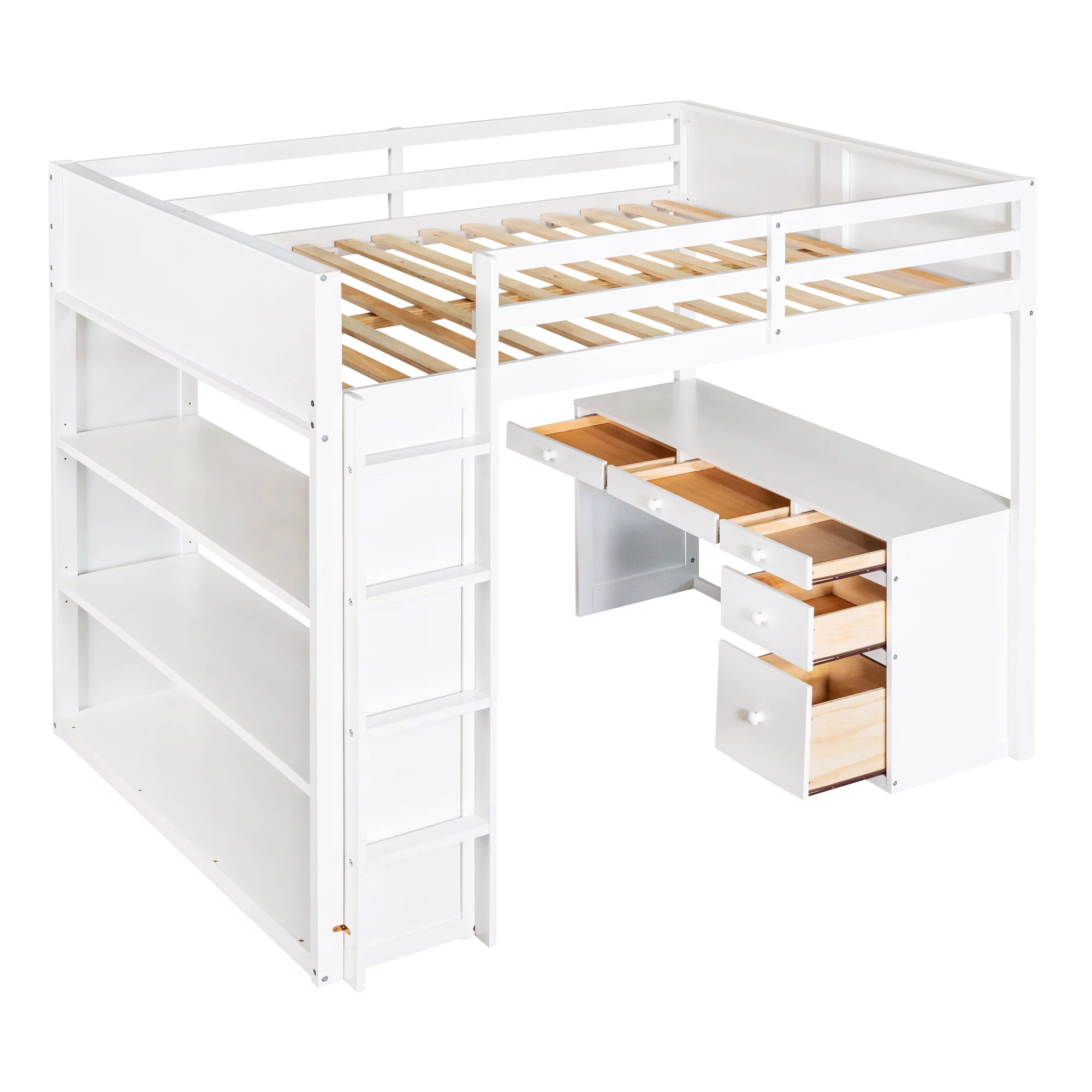 CoSoTower Full Size Loft Bed with Ladder, Shelves, and Desk, White
