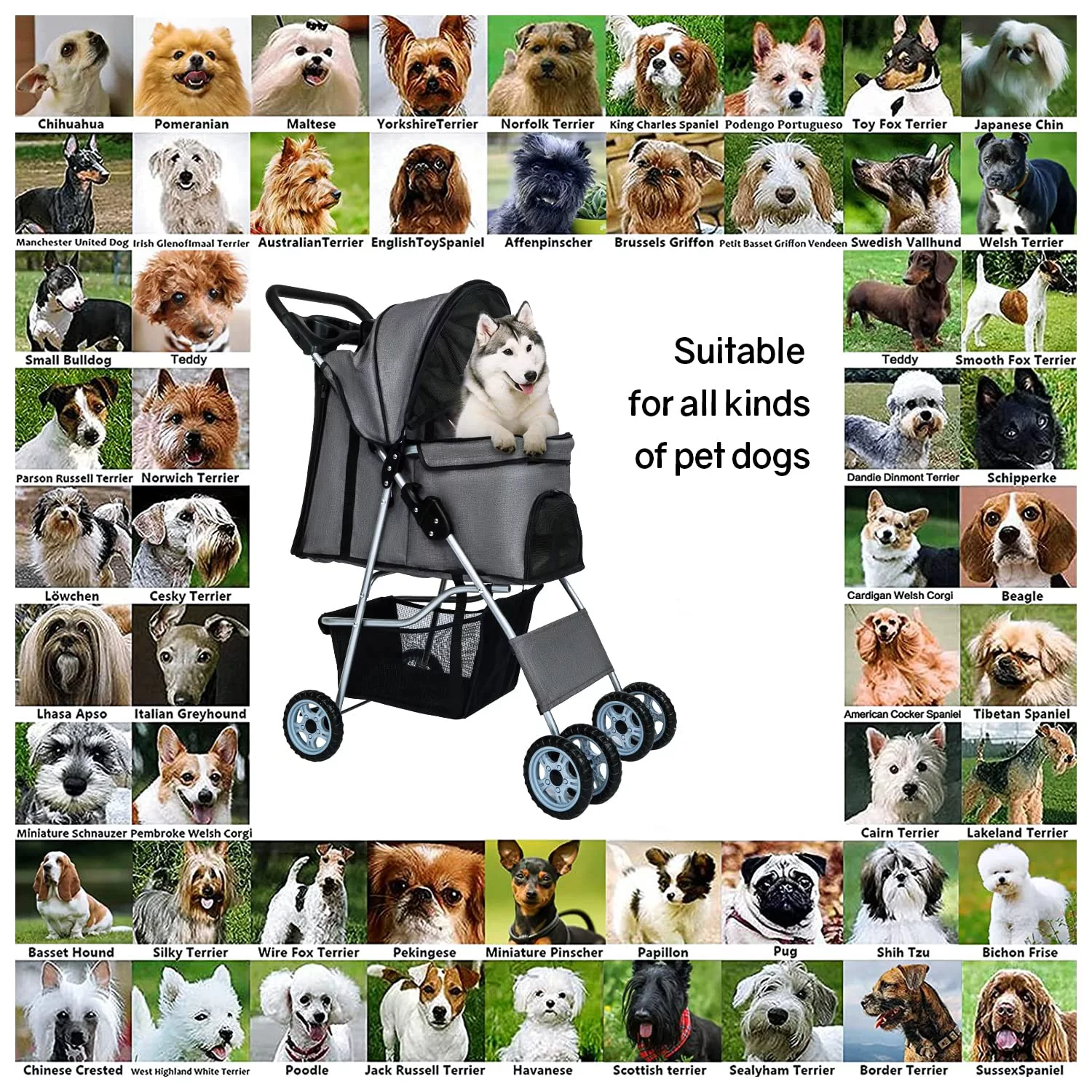 YRLLENSDAN 4 Wheels Pet Stroller for Medium Dogs, Dog Stroller Small Dogs with Cup Holder Foldable Pet Gear Pet Carriers with Wheels Cat Stroller