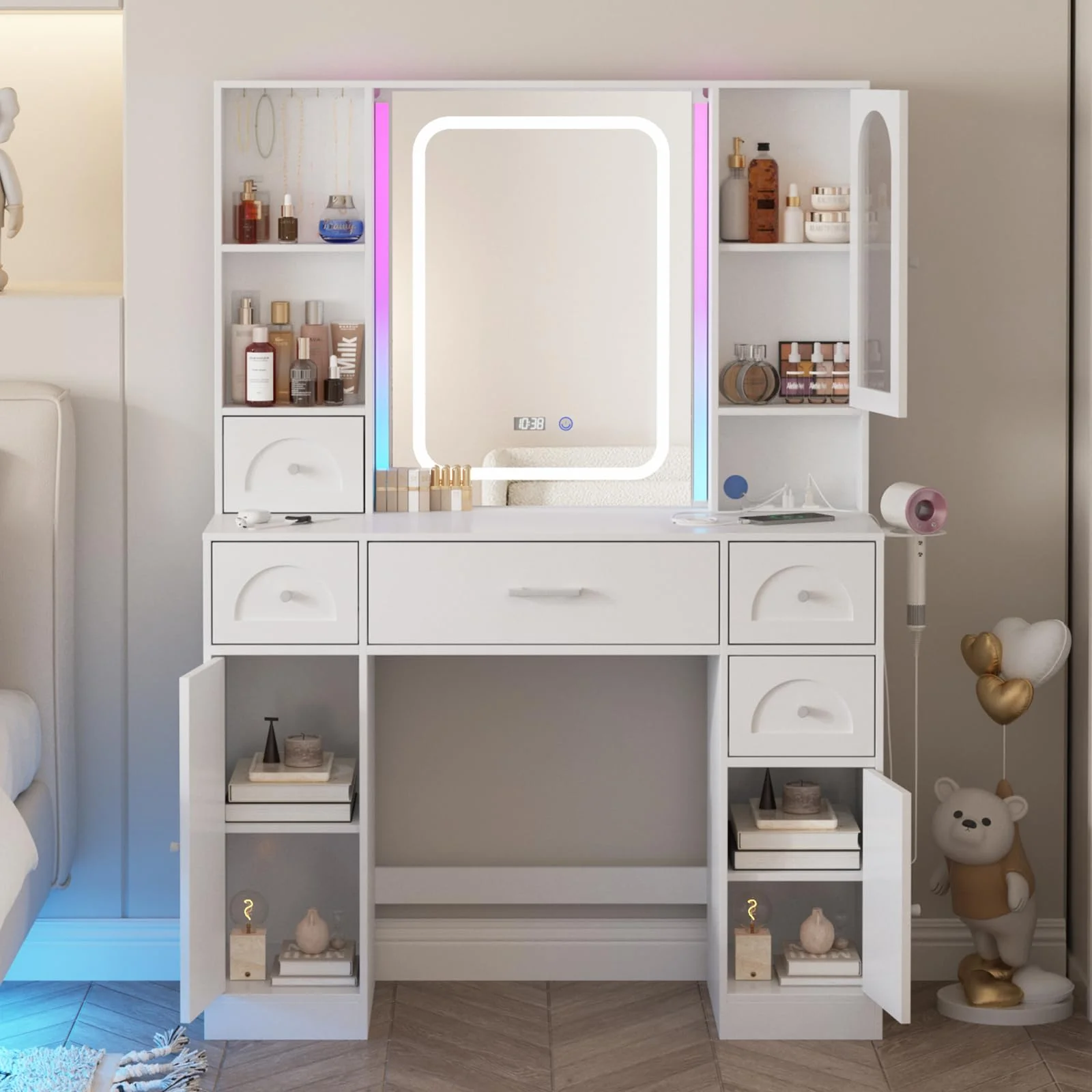 VEANERWOOD White Vanity Desk with Mirror and Lights, Makeup Vanity with RGB Lights and Power Strip, Makeup Desk Vanity Table with 5 Drawers Lots Storage & Time Display,41.3in(L)