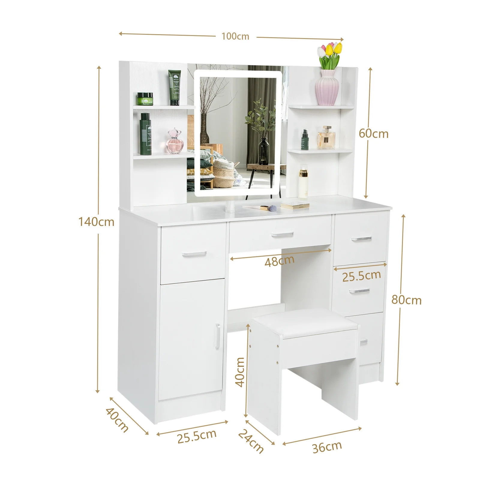 JBLCC Makeup Vanity with Mirror & LED Light, Modern Vanity Desk with 5 Drawers, Makeup Table w/ Stool, White
