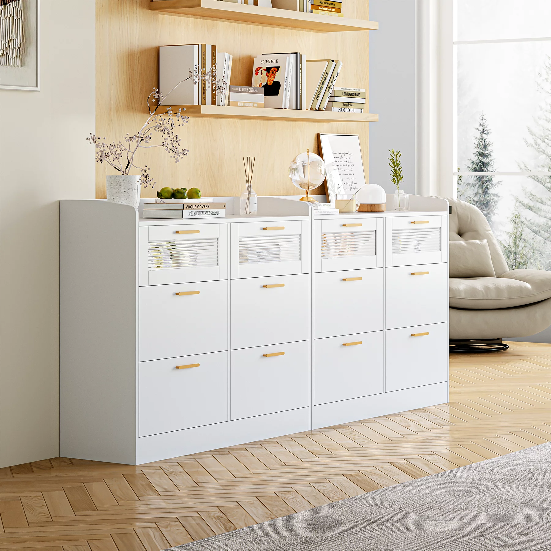 Homfa 6 Drawer Double Dresser with Fence, White Chest of Drawers with Wavy Glass, Wooden Storage Cabinet for Bedroom