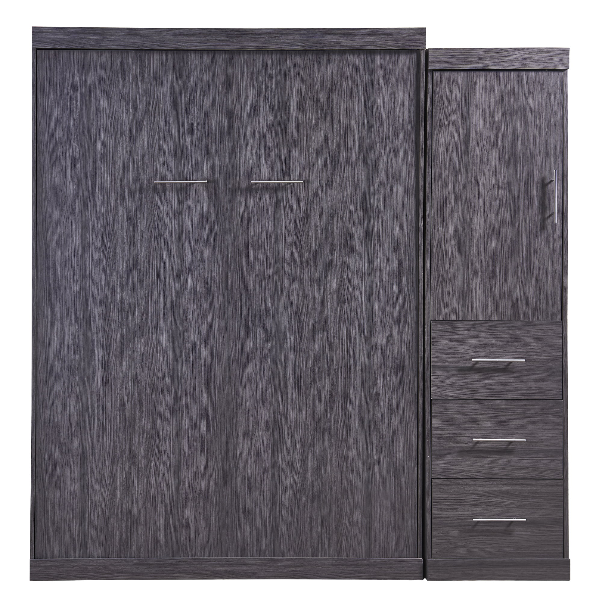 Euroco Wood Full Size Murphy Wall Bed with Wardrobe and Drawers for Living Room, Moveable Wardrobe and Drawers, Space-Saving & Easy Open and Close, Gray
