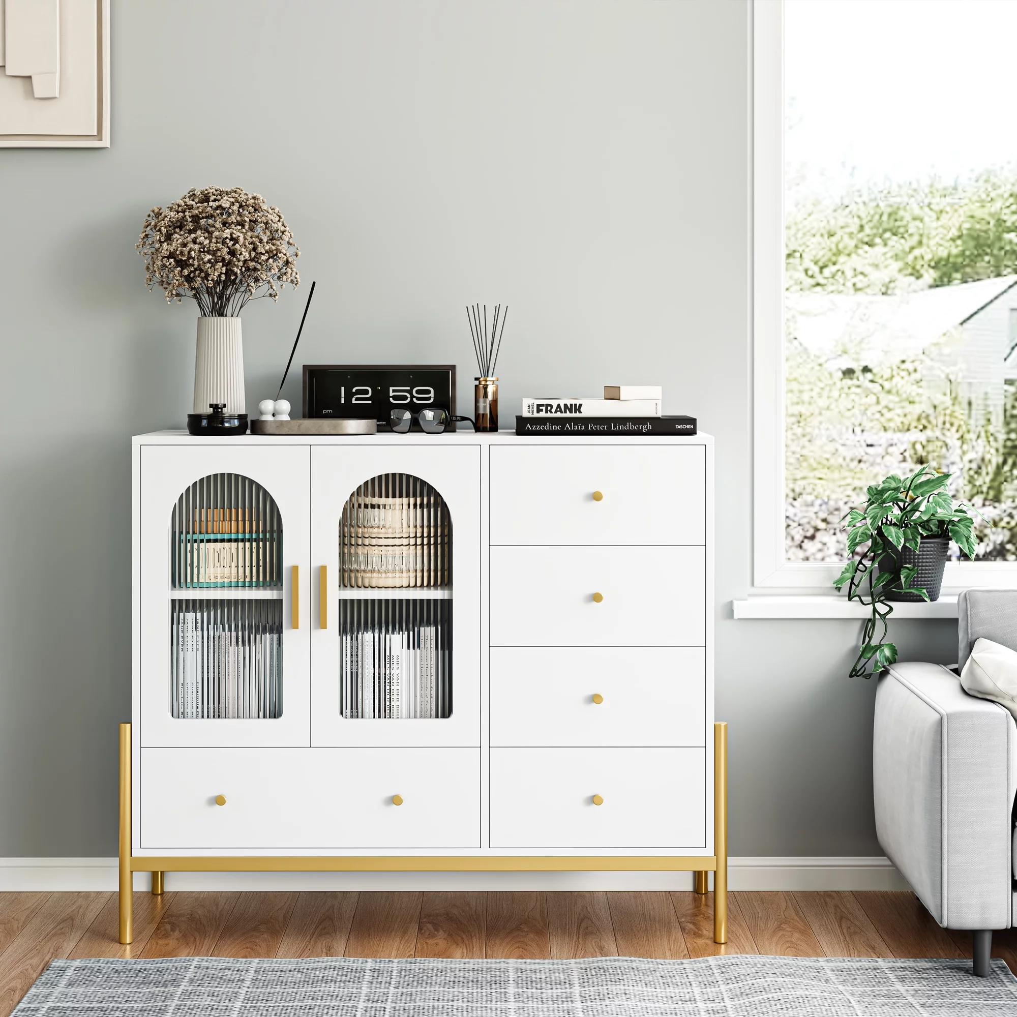 Homfa 5 Drawer Dresser for Bedroom, Modern Accent Storage Cabinet with Glass Door and Metal Base for Adult, White