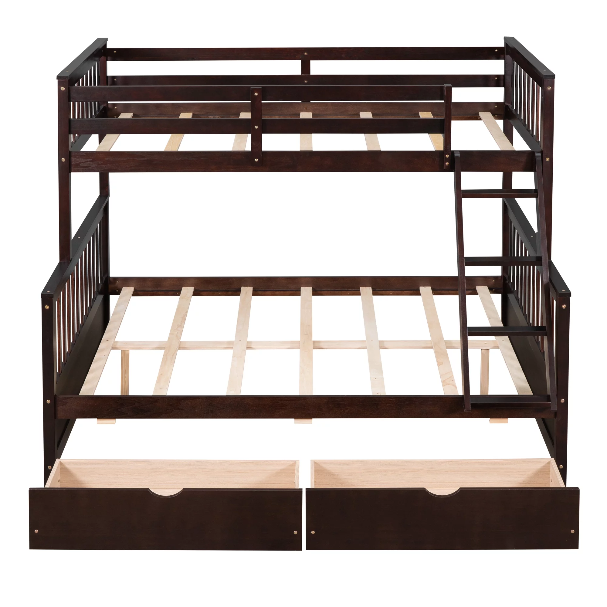 Twin Over Full Bunk Bed with Storage Drawer, Solid Wood Bunk Bed Frame with Ladders & Safety Guardrail, Bedroom Furniture for Kids, Teens, Adults, Espresso