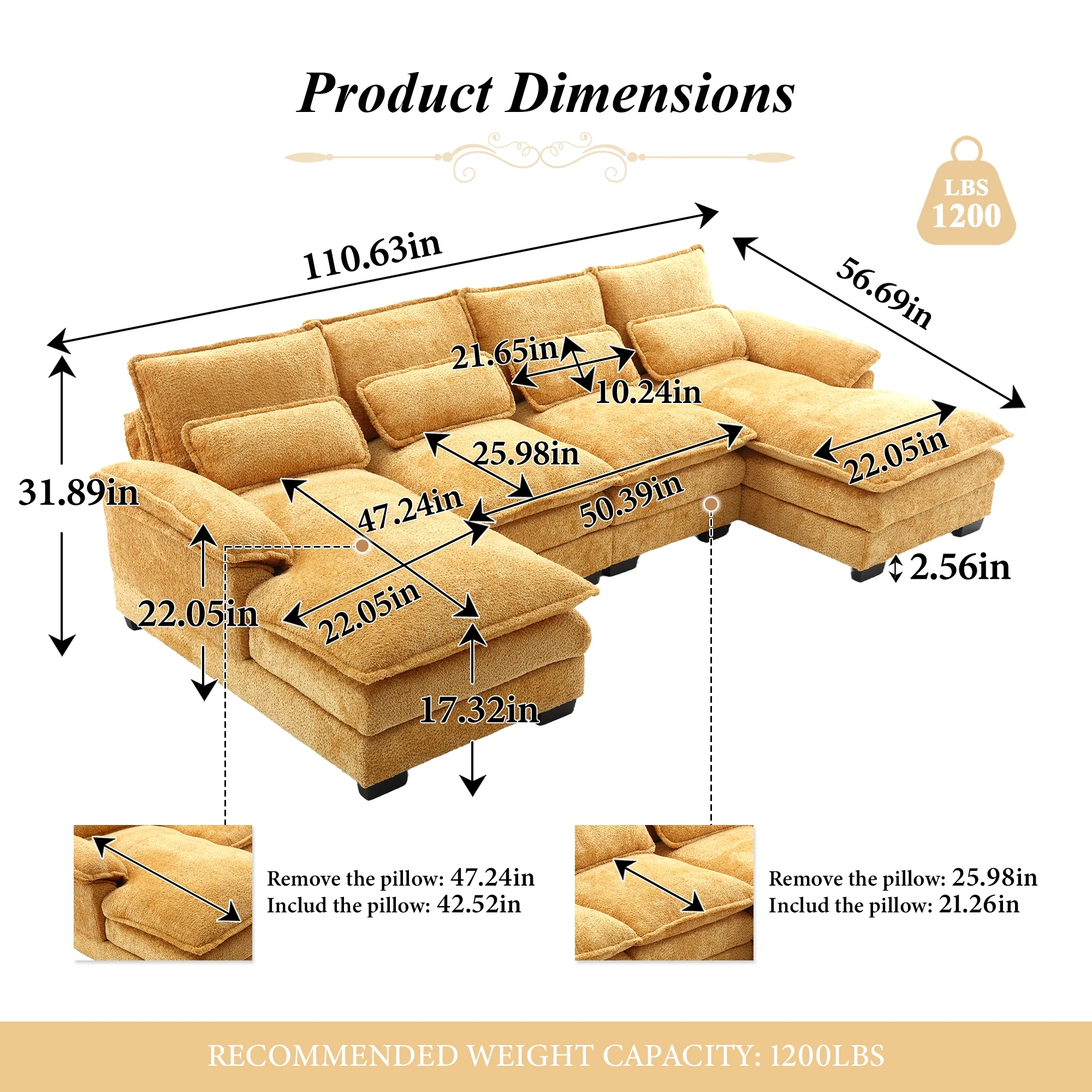 Muumblus Chenille Sectional Sofa with 2 Chaise, 110.6