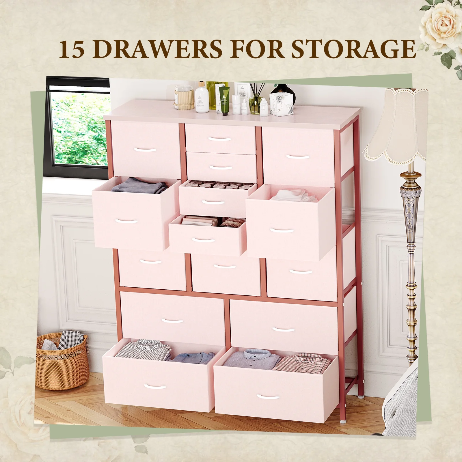 Towallmark 15 Drawer Dresser Chest of Drawers for Bedroom Living Room, Fabric Storage Organizer With Wood Top , Hallway, Closet, Nursery, Pink
