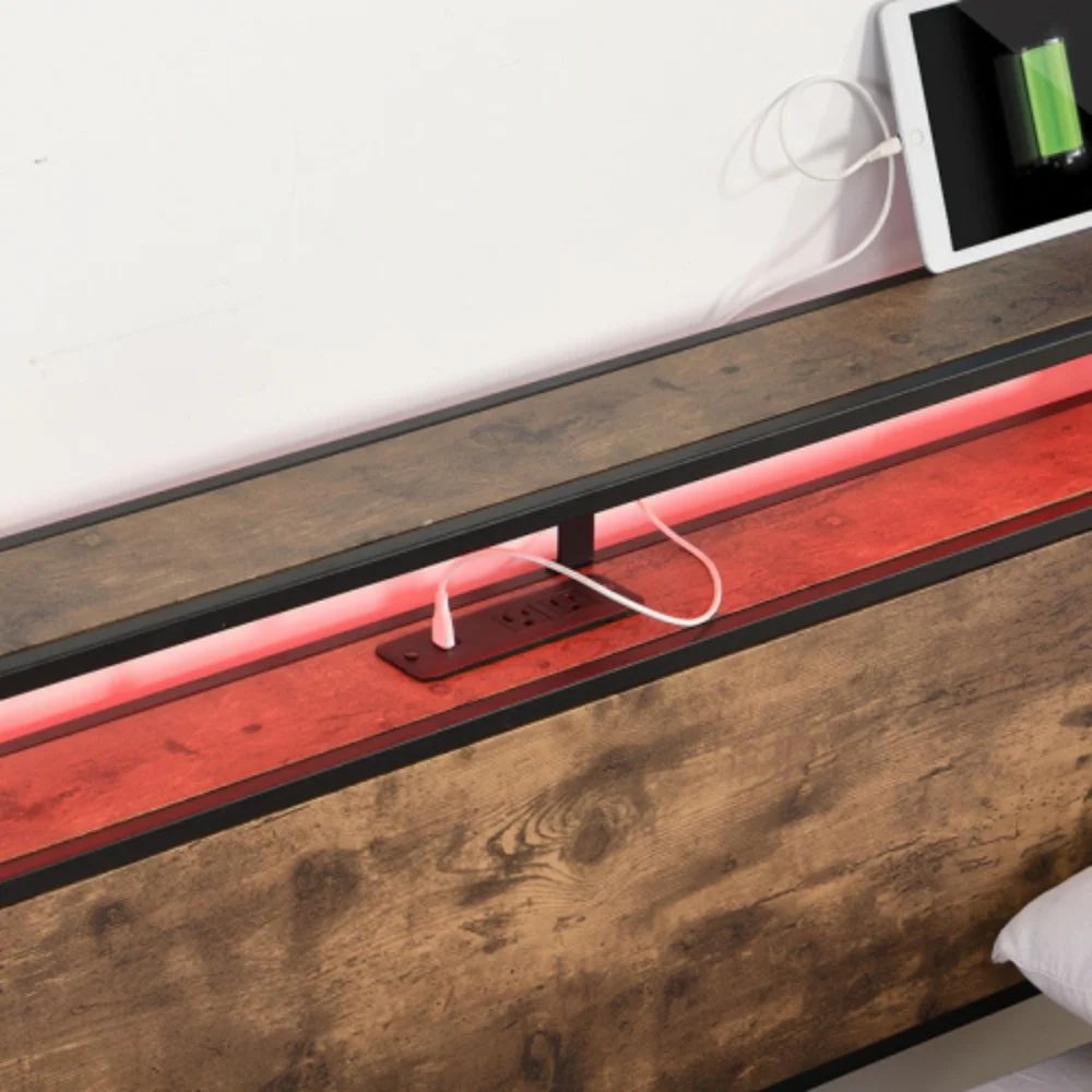 Queen Bed Frame, Storage Headboard with Charging Station, Solid and Stable, Noise Free, No Box Spring Needed, Easy Assembly  Antique brown + Metal & Wood + Bedroom + Queen + Bed Frame + Metal