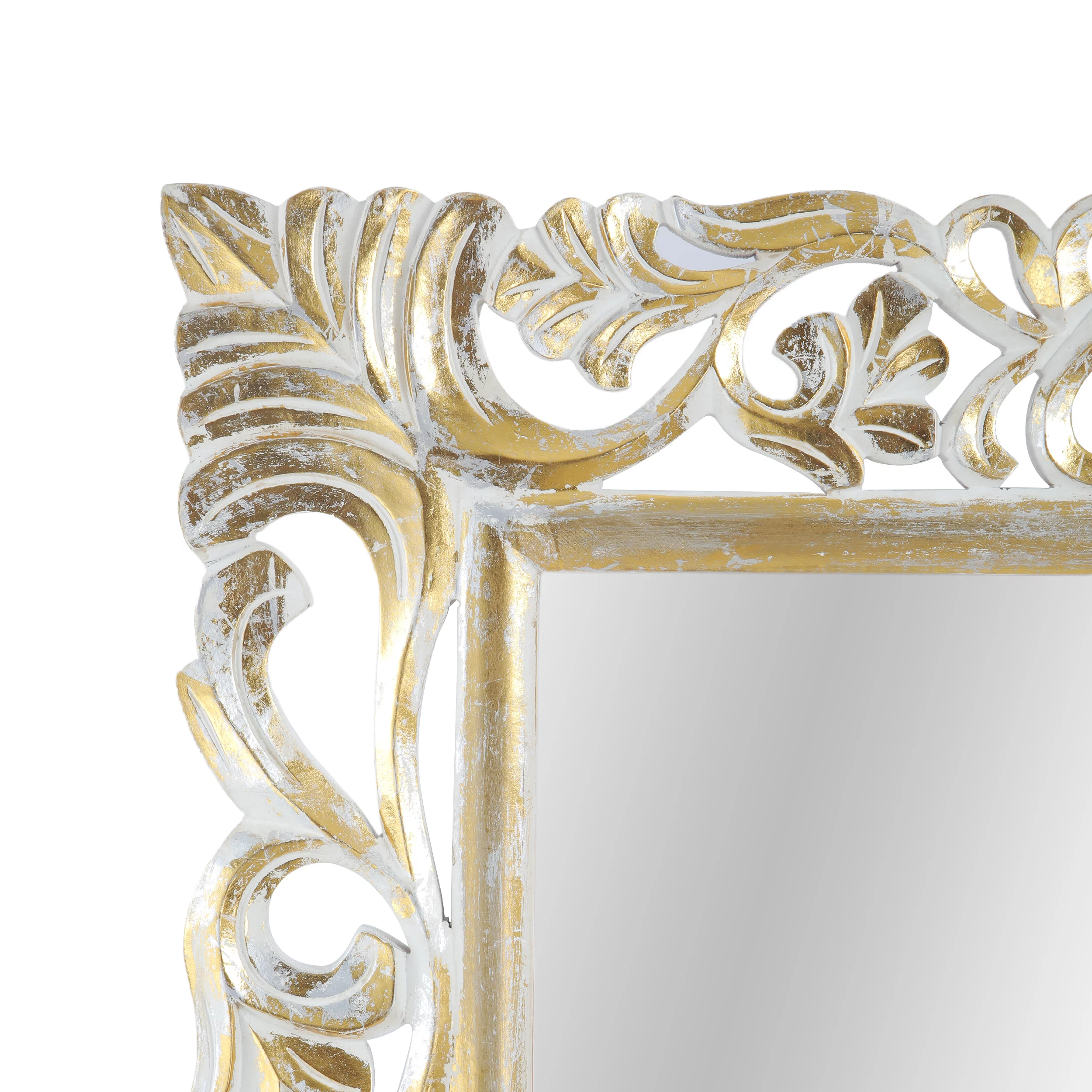 Noble House Koa Traditional Standing Mirror with Floral Carved Frame, Distressed White, Gold