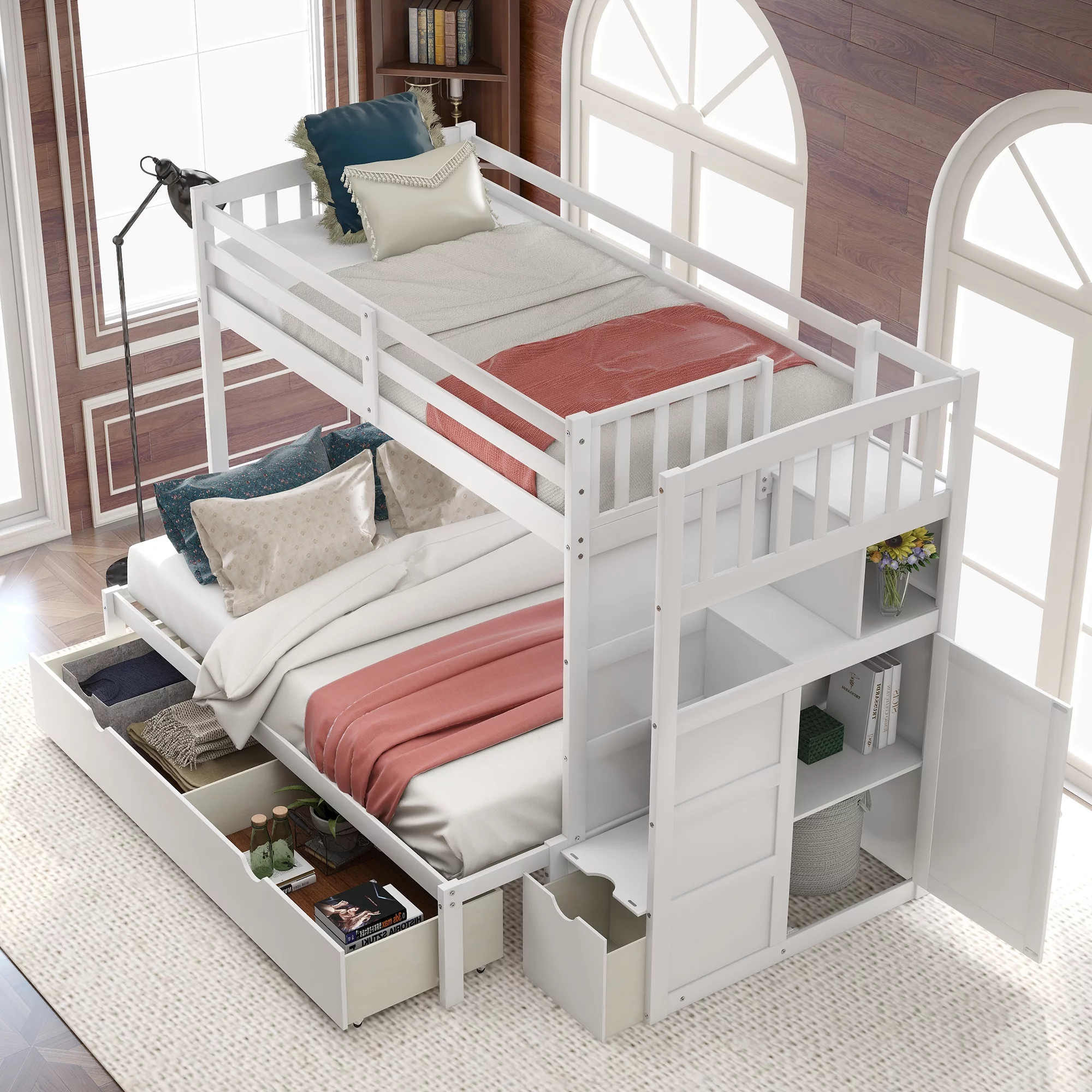 Euroco Twin over Twin Bunk Bed with Drawer and Cabinet for Kids Bedroom, White