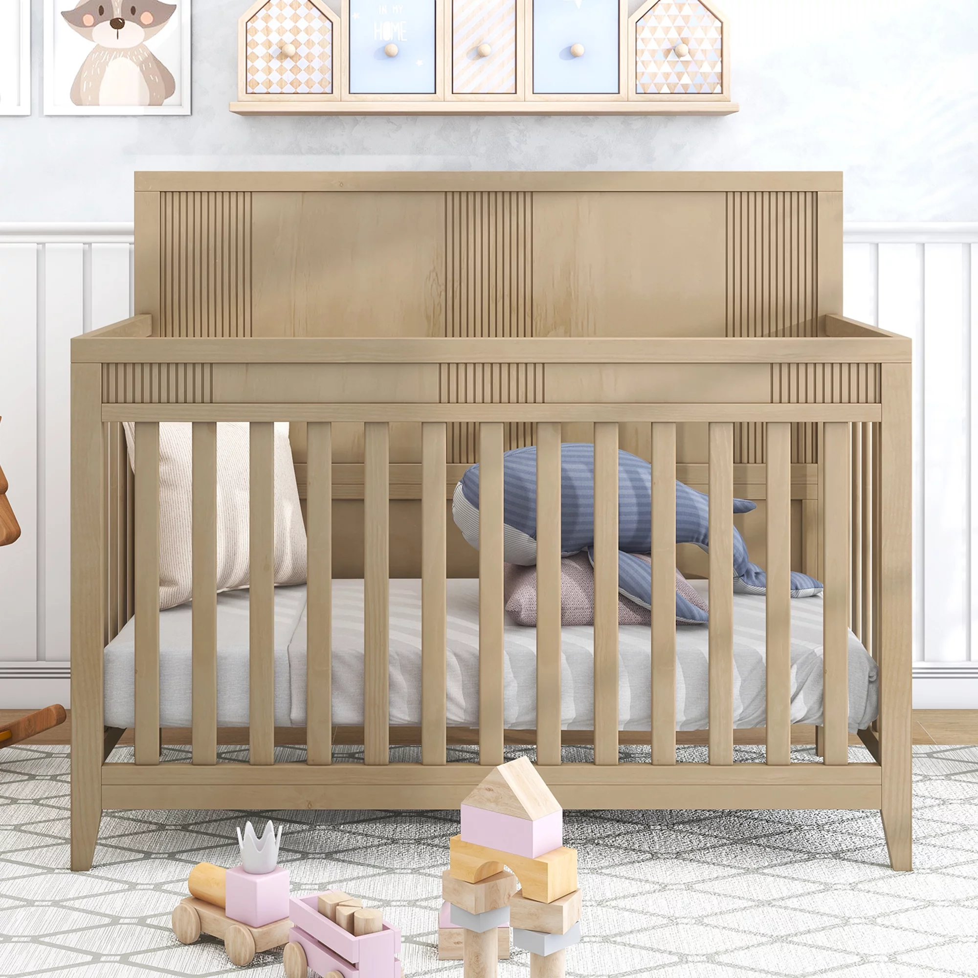 HSUNNS 4-in-1 Convertible Crib, Rustic Farmhouse Style, Certified Baby Safe Crib, Converts from Baby Crib to Toddler Bed, Daybed, and Full-Size Bed, 3 Adjustable Mattress Heights, Natural Wood