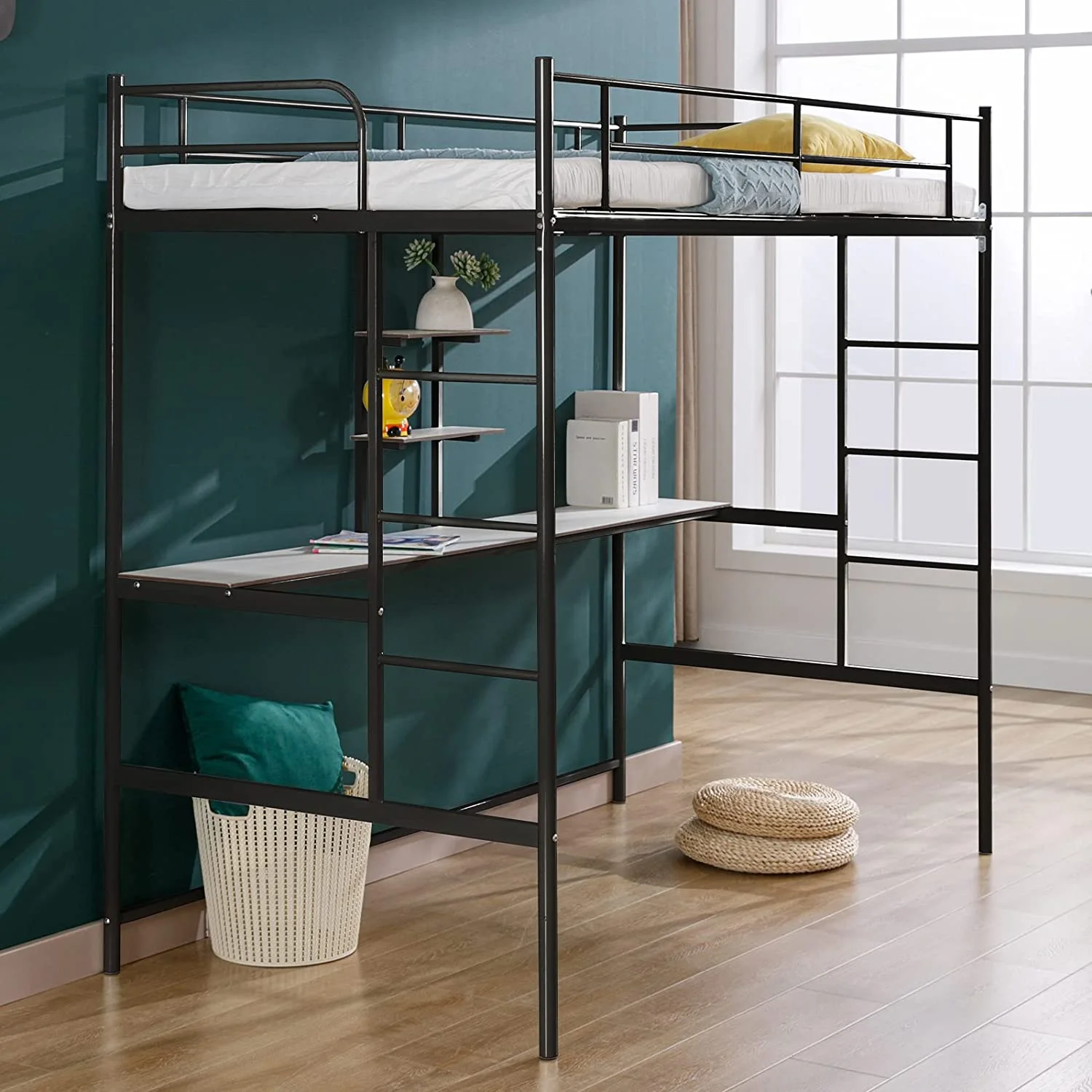 Cuoote Twin Size Metal Loft Bed with Desk, 2 Storage Shelves, Safety Ladder, and Guard Rail, Space-Saving Design, No Box Spring Needed, Black