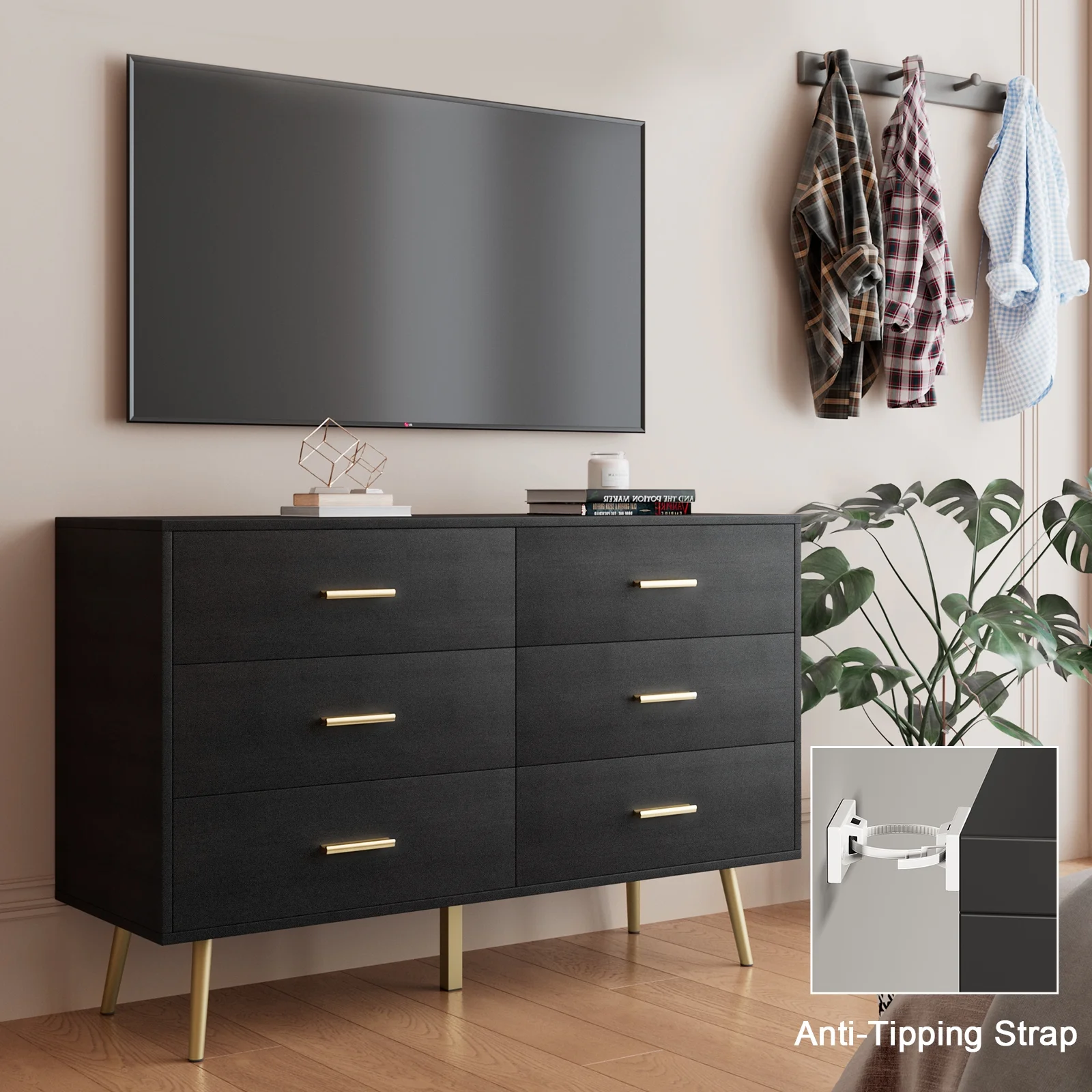 REHOOPEX Black Dresser for Bedroom, Wood Dressers & Colthes Chests of 6 Drawers for Home