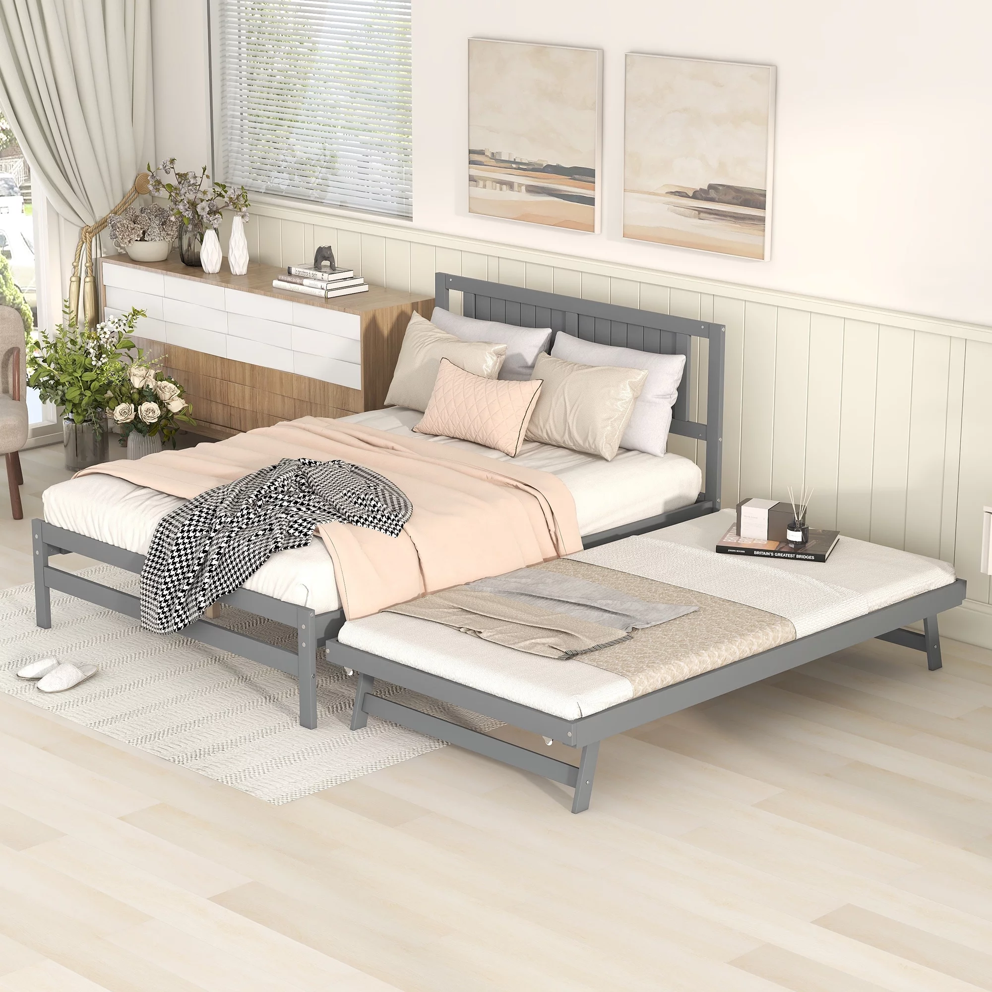 Euroco Wood Full Size Platform Bed with Trundle Frame Set, Wooden Bed Frame with Convertible Trundle Bed for Kids Teens Adulst, Gray