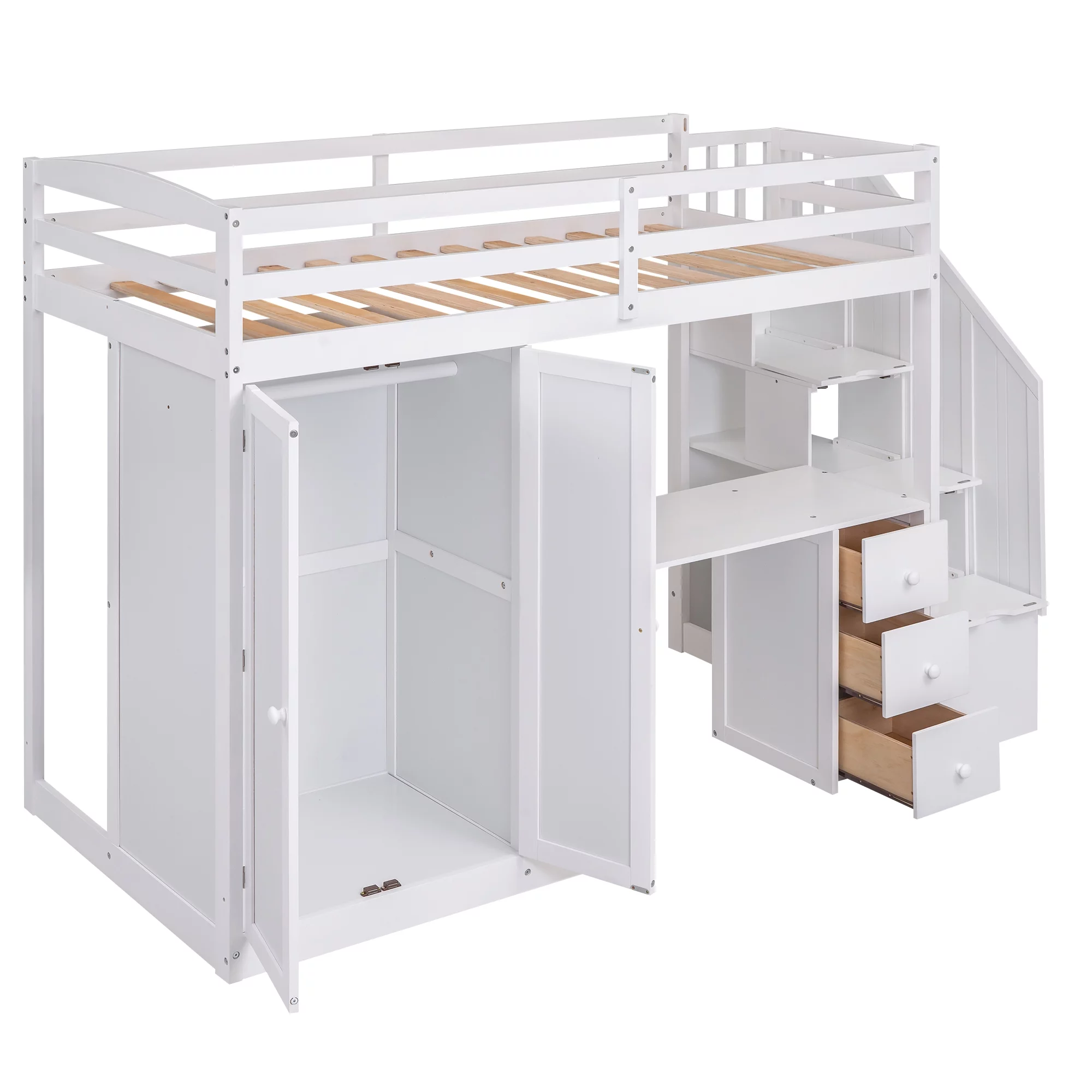Euroco Twin Size Pine Wood Loft Bed with Desk, Drawers and Wardrobe for Kids Room, Storage Staircase, Sapce-Saving Shelf, White