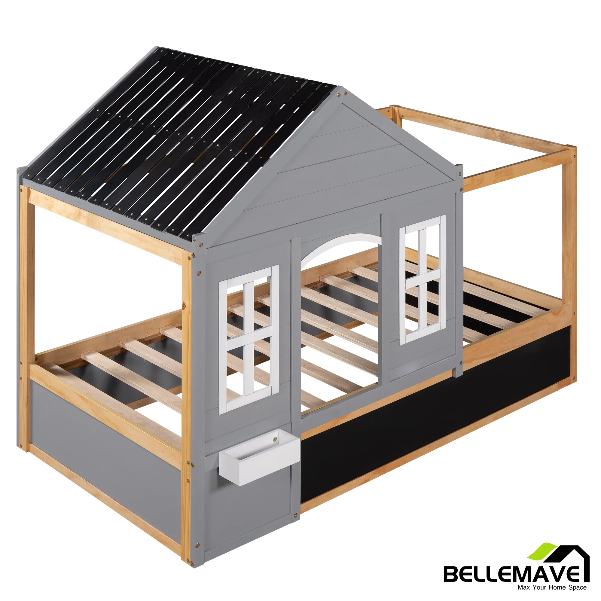Bellameve Gray Twin Size Kids Canopy Platform Bed with Roof, Window, Blackboard and Little Shelf, Wood House Shaped Kids Platform Bed Daybed for Bedroom Living Room