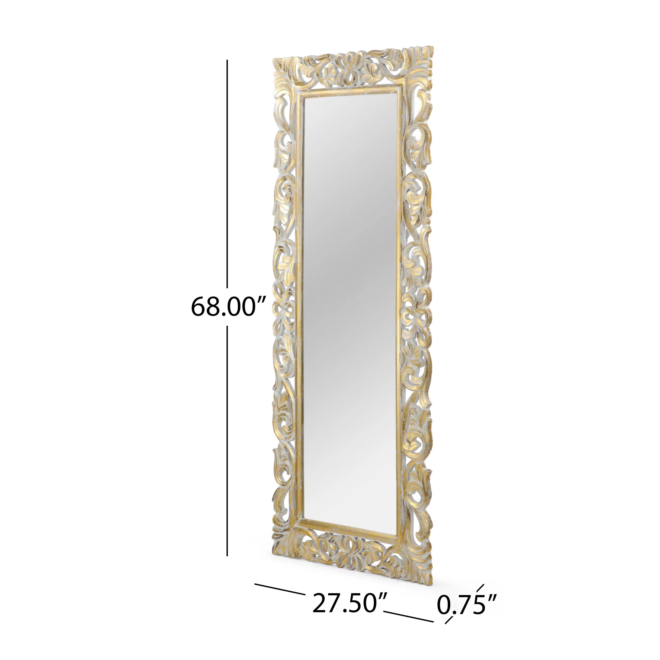 Noble House Koa Traditional Standing Mirror with Floral Carved Frame, Distressed White, Gold