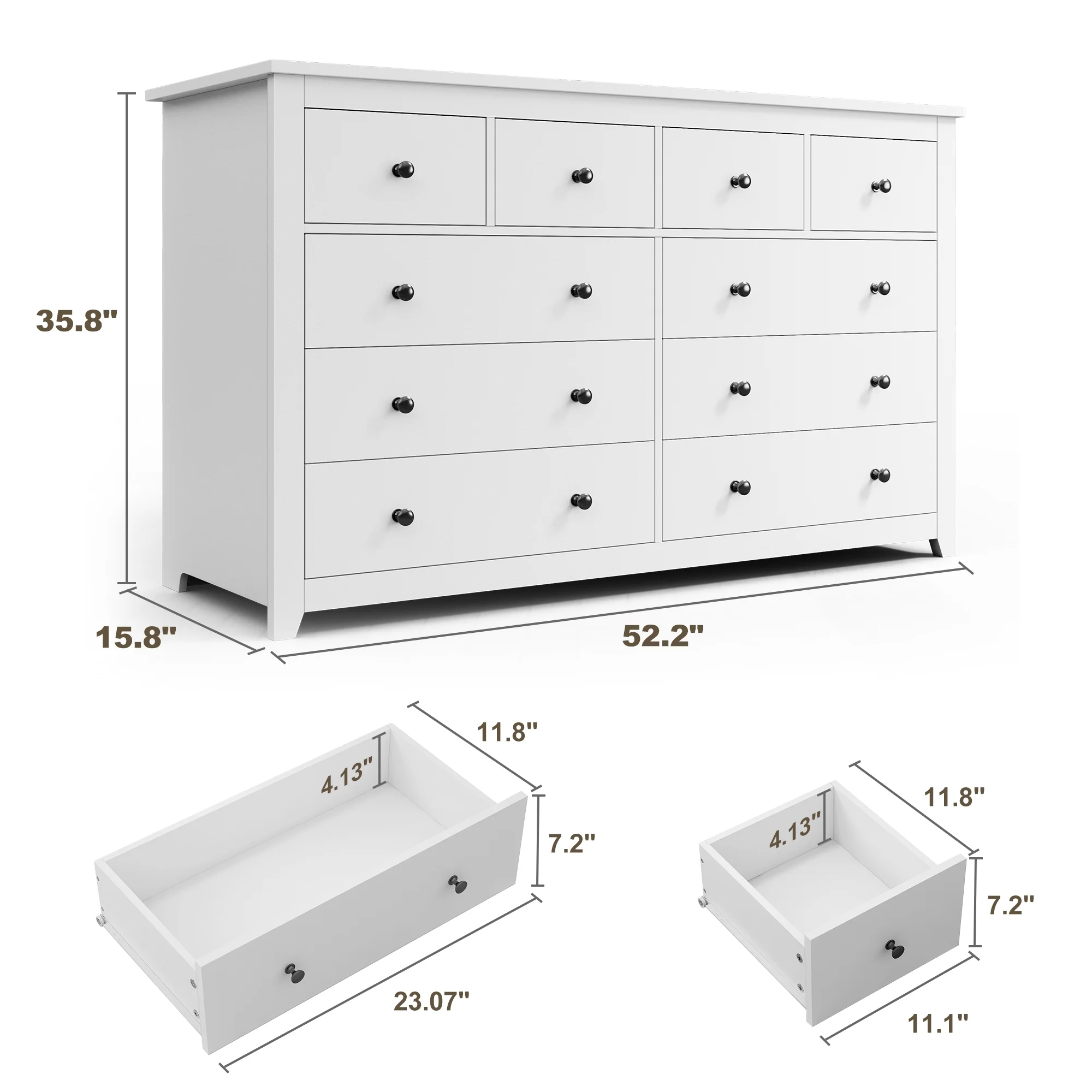 EnHomee White Dresser for Bedroom Wood Dresser with  10 Deep Drawers Modern Wood Dressers & Chests of Drawers Wide Dresser with Smooth Metal Rail, Wooden Dressers for Bedroom , White