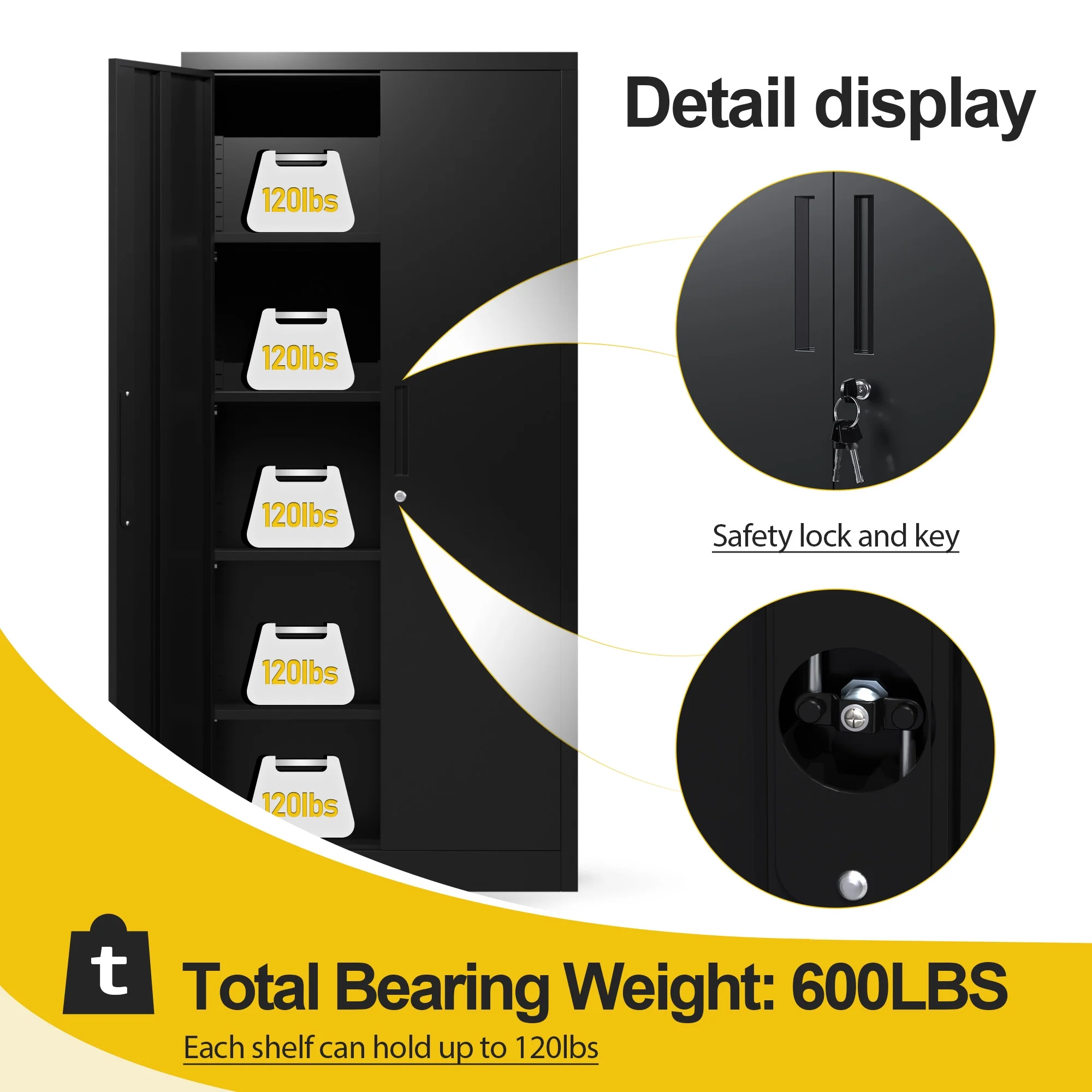 GangMei 71 In Metal Storage Garage Cabinets with Locking Doors and Adjustable Shelves, Steel Storage Cabinet for Garage, Office, Classroom, Assemble Required(Black)