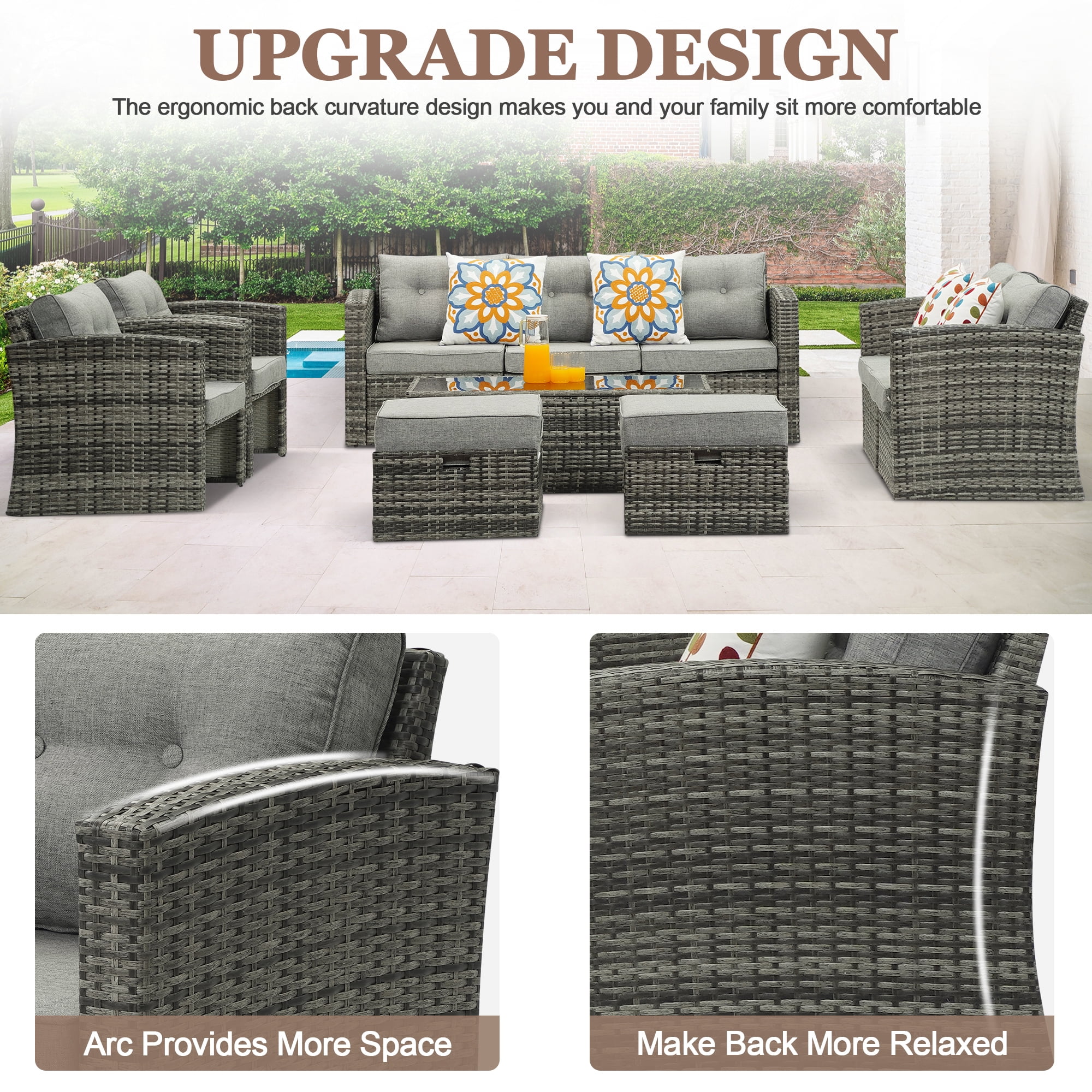 Superjoe 10 Pcs Outdoor Wicker Patio Furniture Set Aluminum Frame Patio Sectional Sofa with Coffee Table,Gray