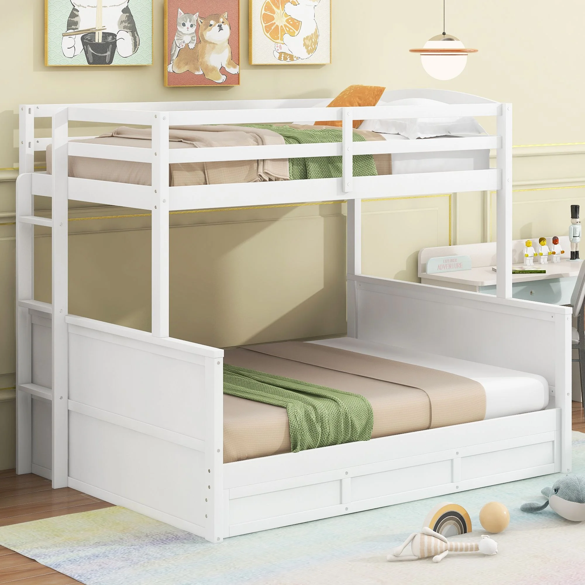 Twin over Full Bunk Bed with Ladder,Solid Wood Bunk Bed Frame with Safety Guardrail, Convertible into 2 Bed Bunk Beds with Hydraulic Lift Up Storage for Girls Boys Teens(White, Twin over Full)