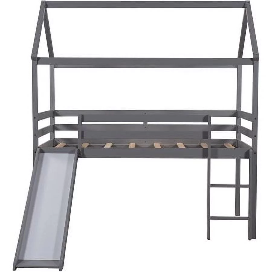 CHURANTY Twin Size Loft Bed with Slide, Wood House Loft Bed Frame , Twin Size Playhouse Loft Bed for Kids Boys Girls, Gray