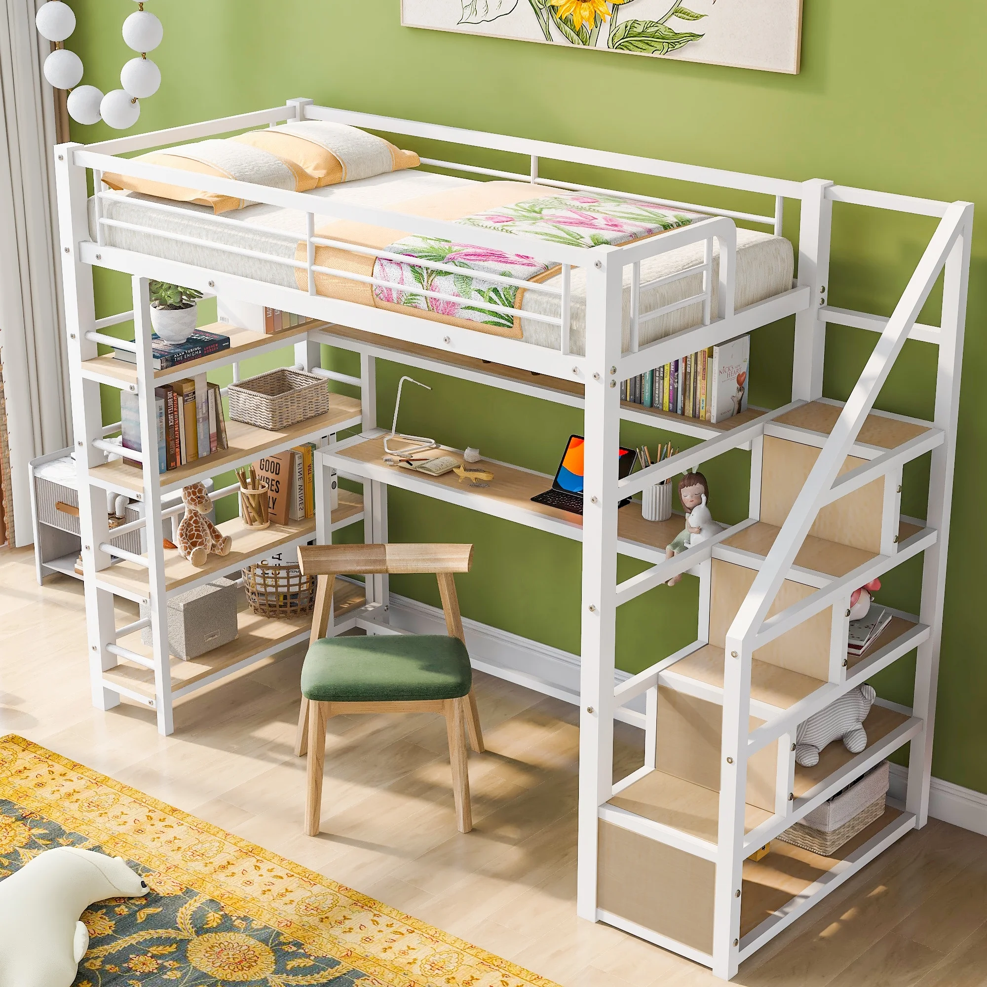 Bellemave Twin Size Metal Loft bed with Stairs and Desk, Heavy-Duty Steel Loft Bed Frame Built-in Storage Shelves, Loft Bed Twin for Kids Teens Adults,White