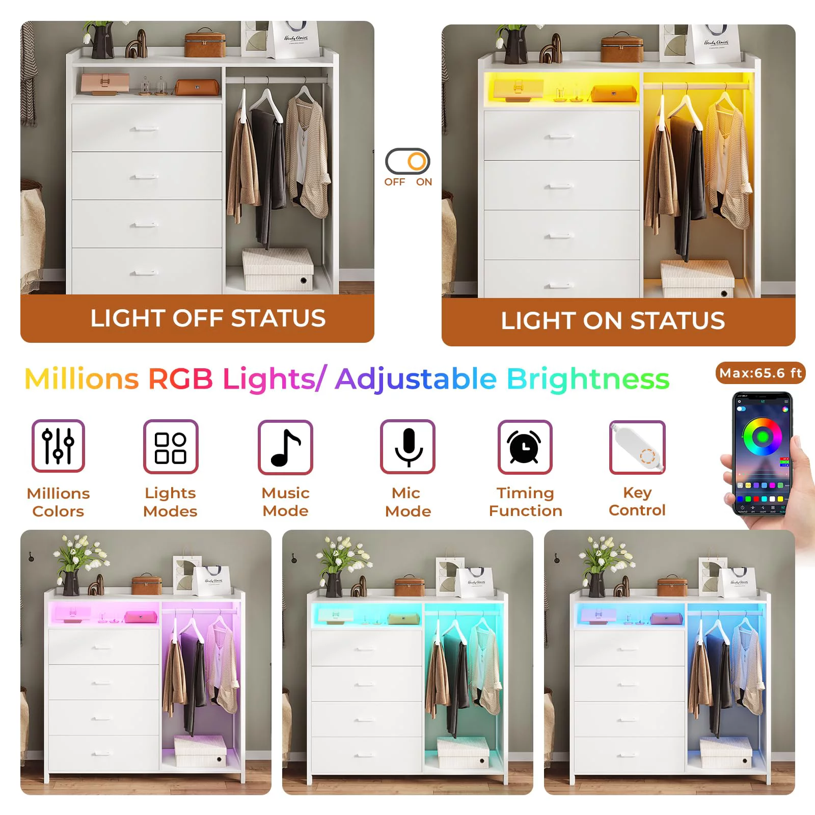 Afuhokles 4 Drawer Dresser for Bedroom with Clothing Rack, Dressers and Chests of Drawers with LED Lights, White